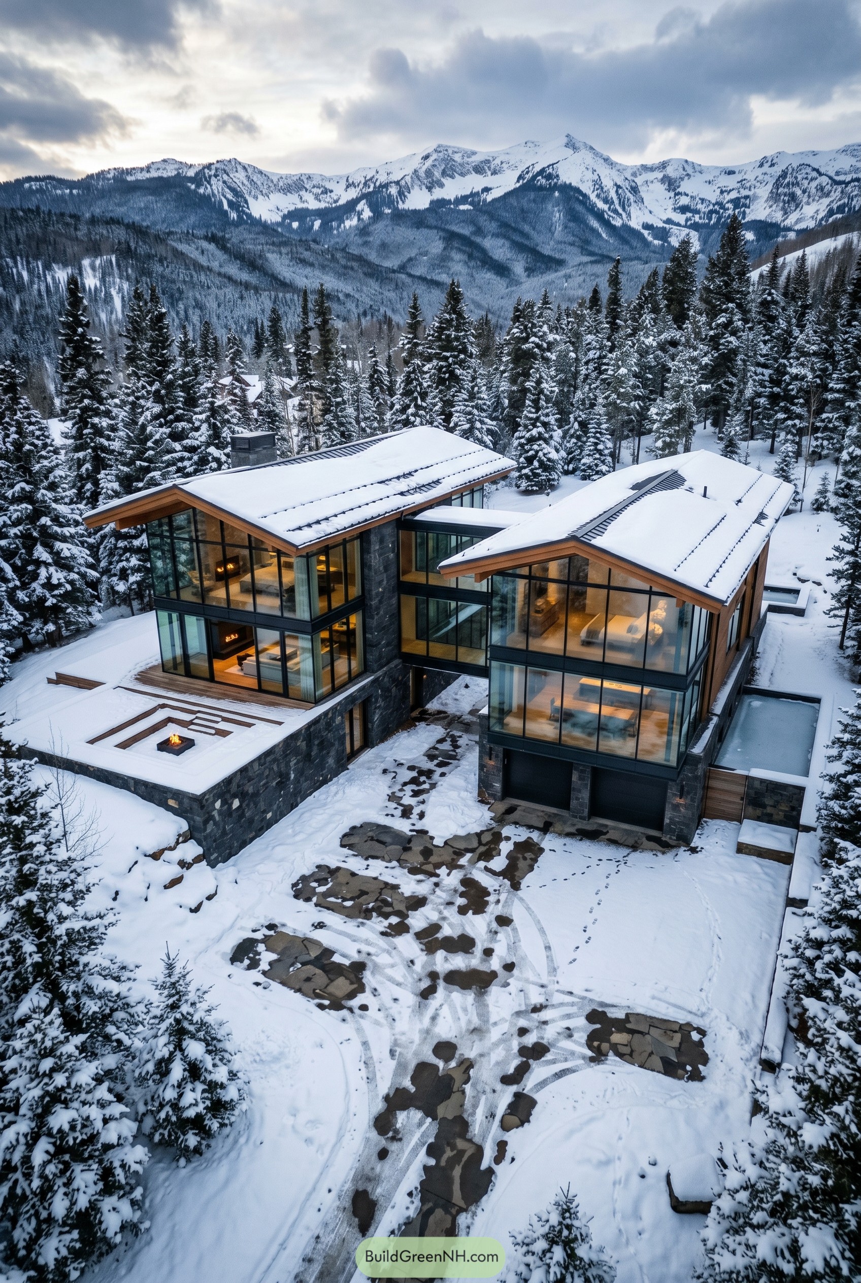 Modern glass mountain mansion in snowy pines