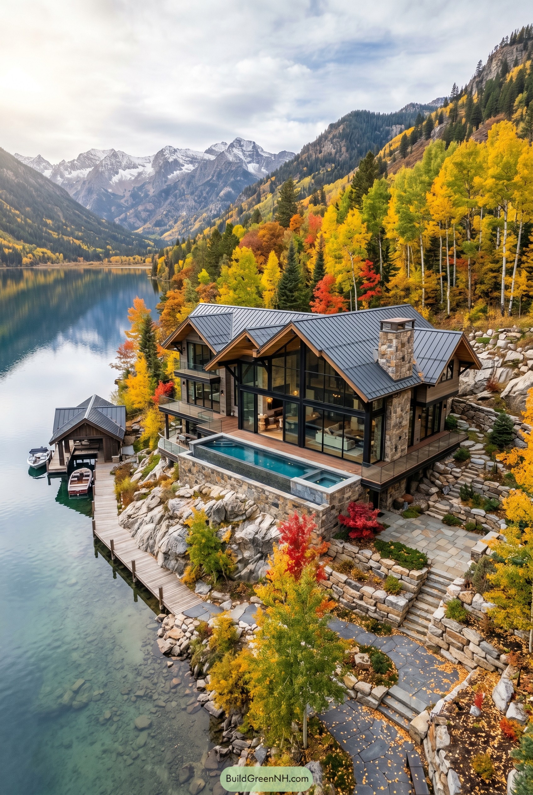 Glass mountain lake house with dock