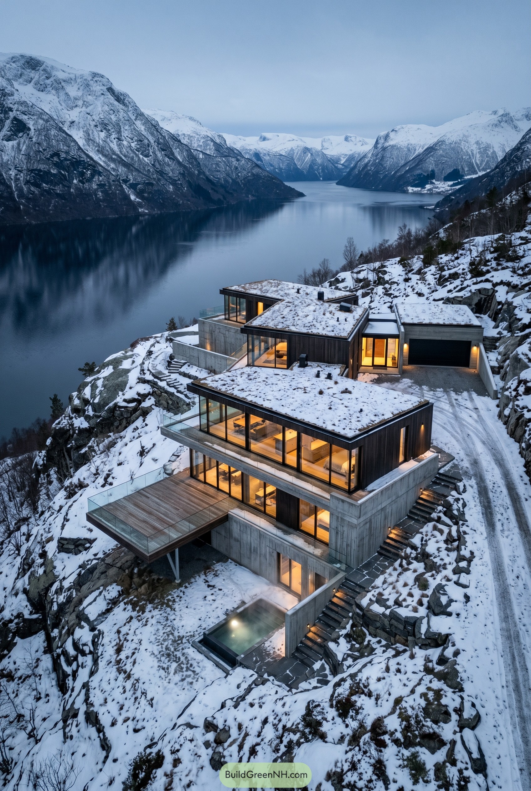 Terraced glass mansion on a snowy fjord cliff