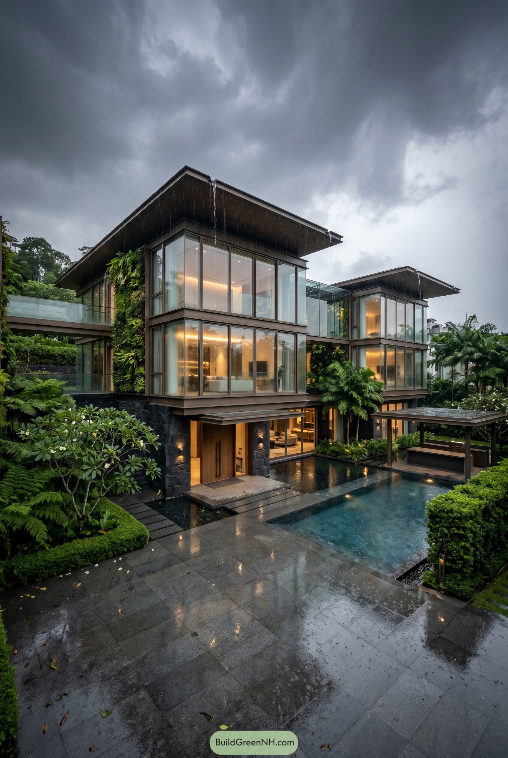 Modern glass mansion with pool in rain