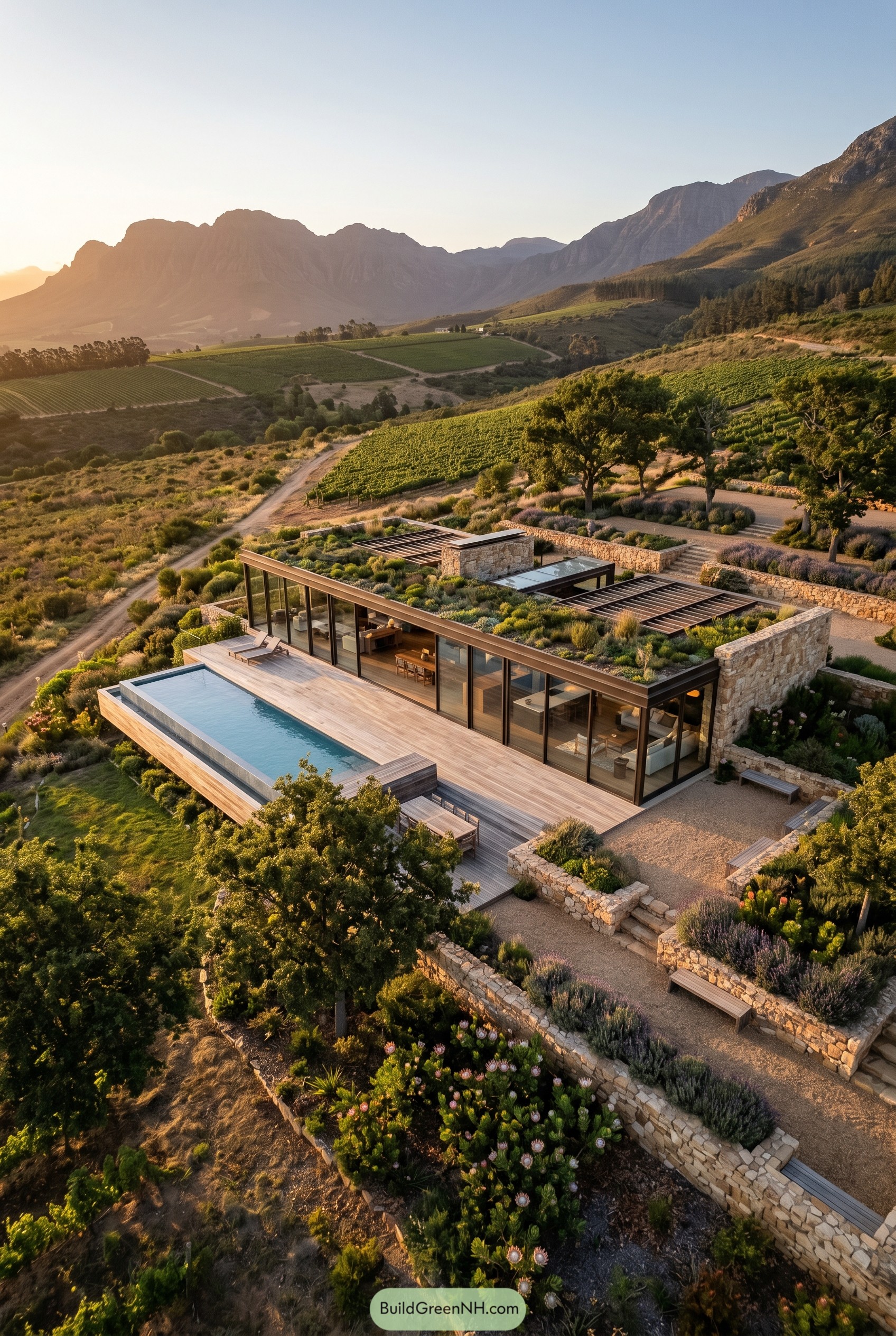 Modern glass villa with a green roof and infinity pool on a vineyard hillside