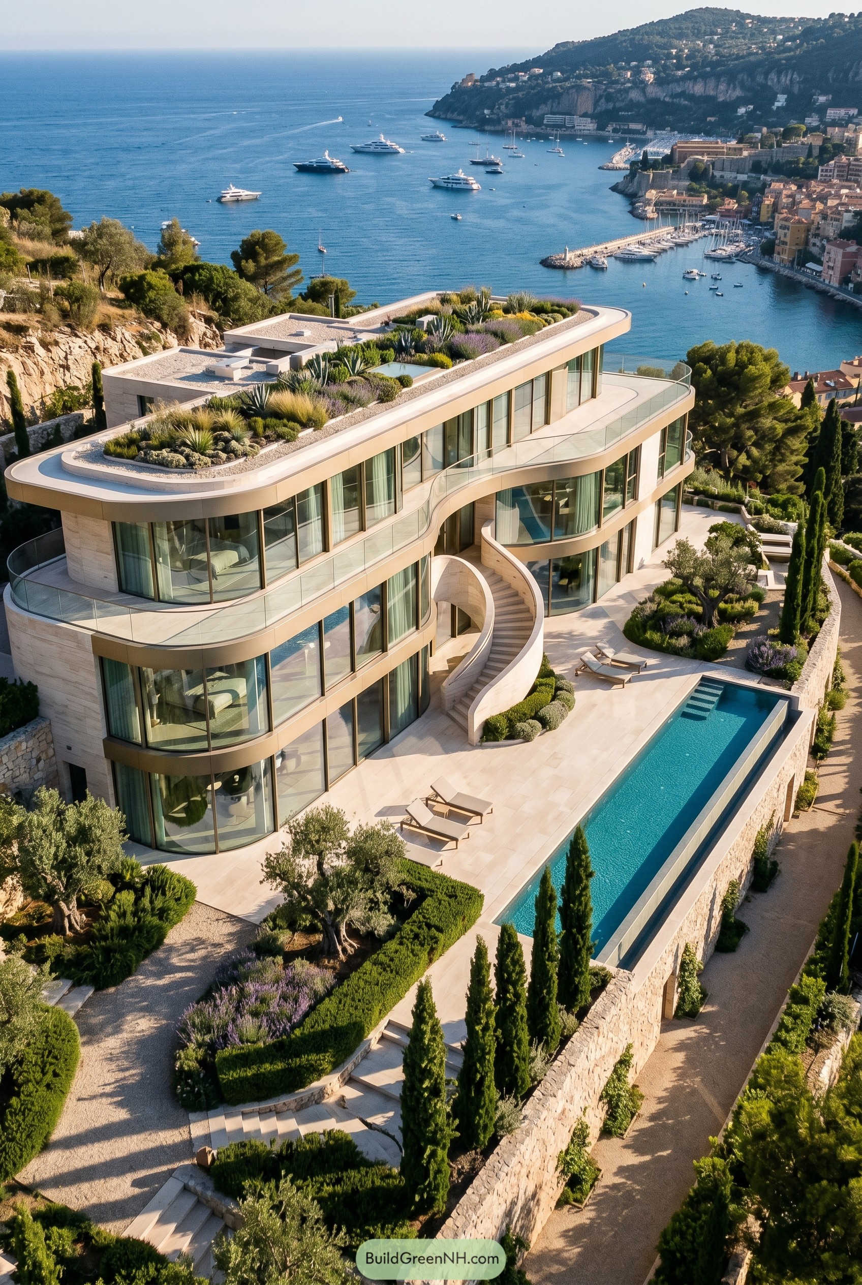 Curved glass hillside villa with rooftop garden and pool above a marina