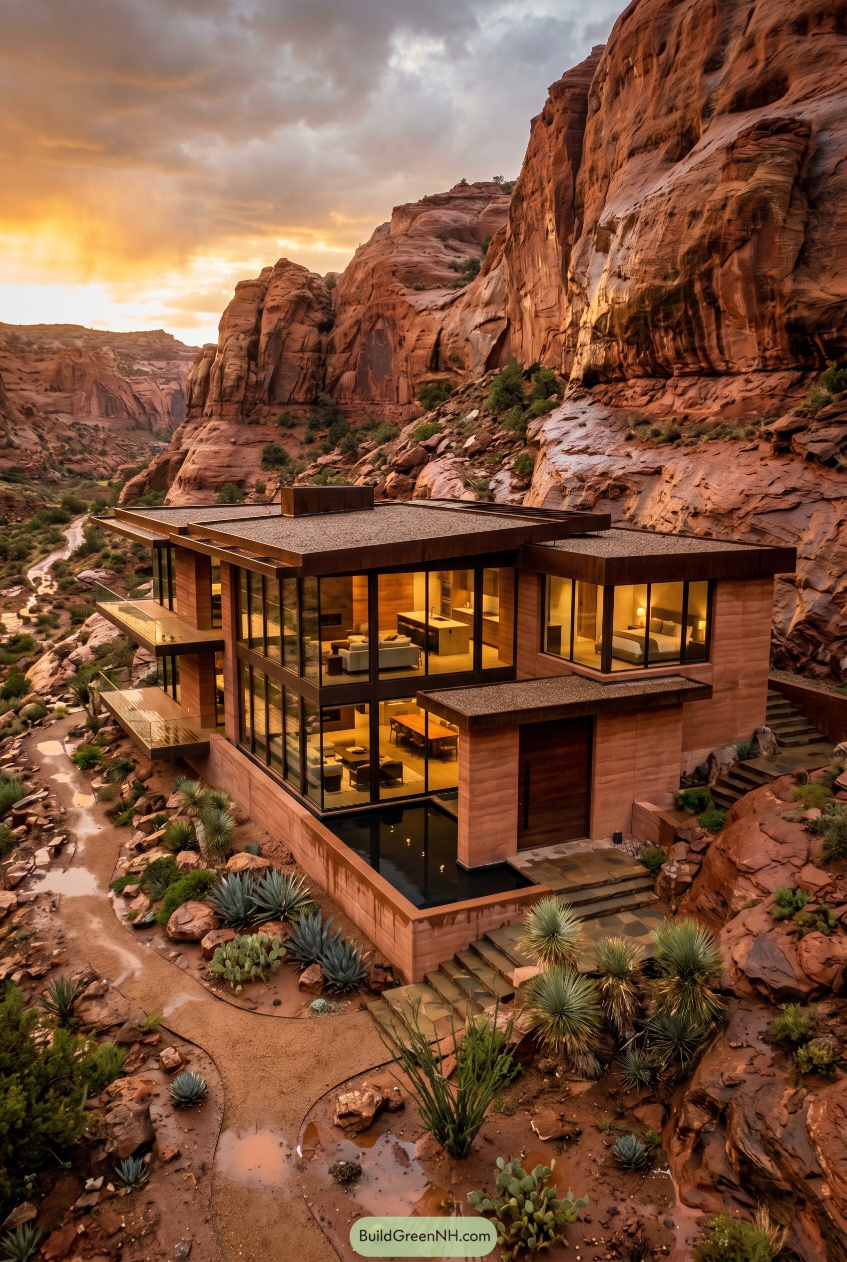 Modern glass mansion tucked into a red rock canyon