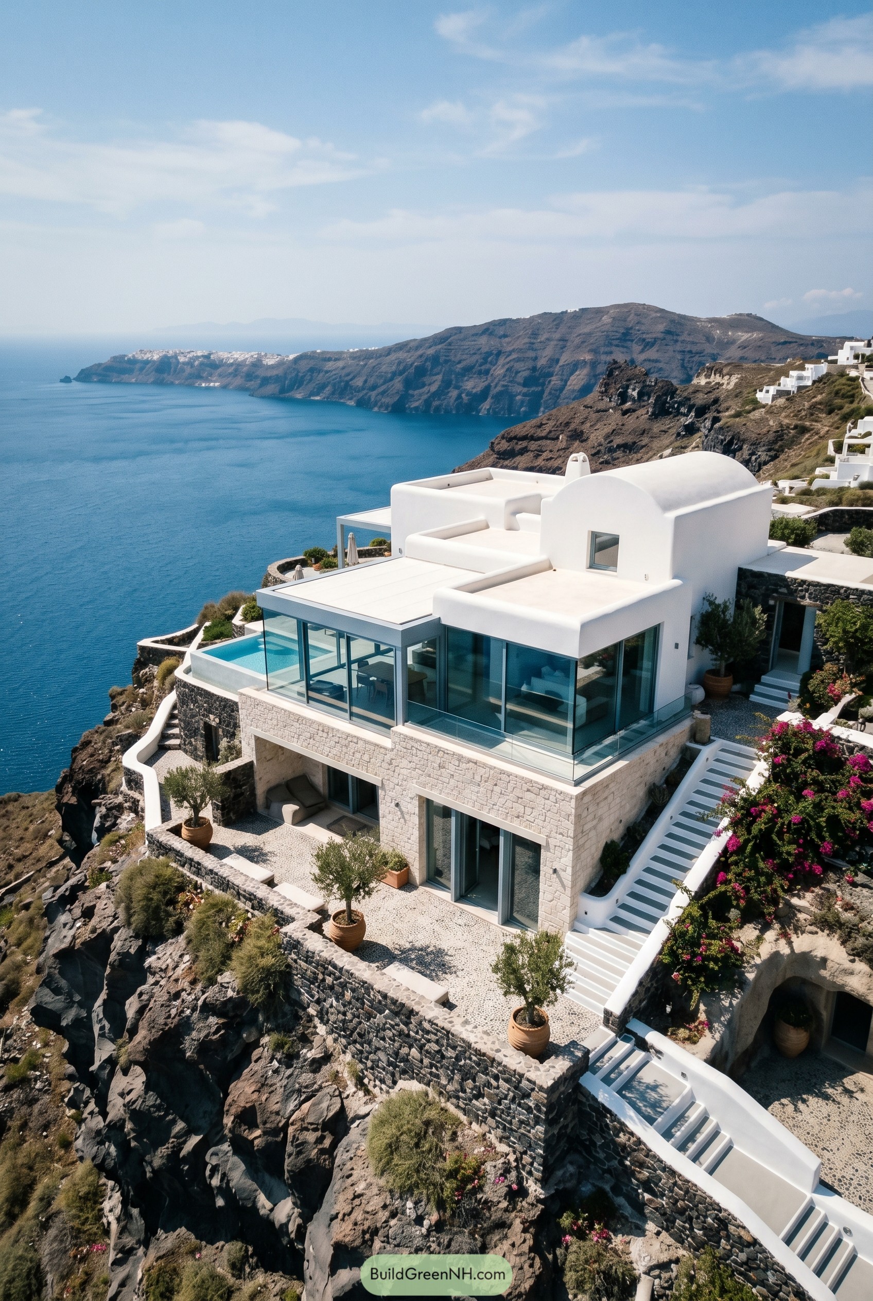 White cliffside villa with glass walls and pool