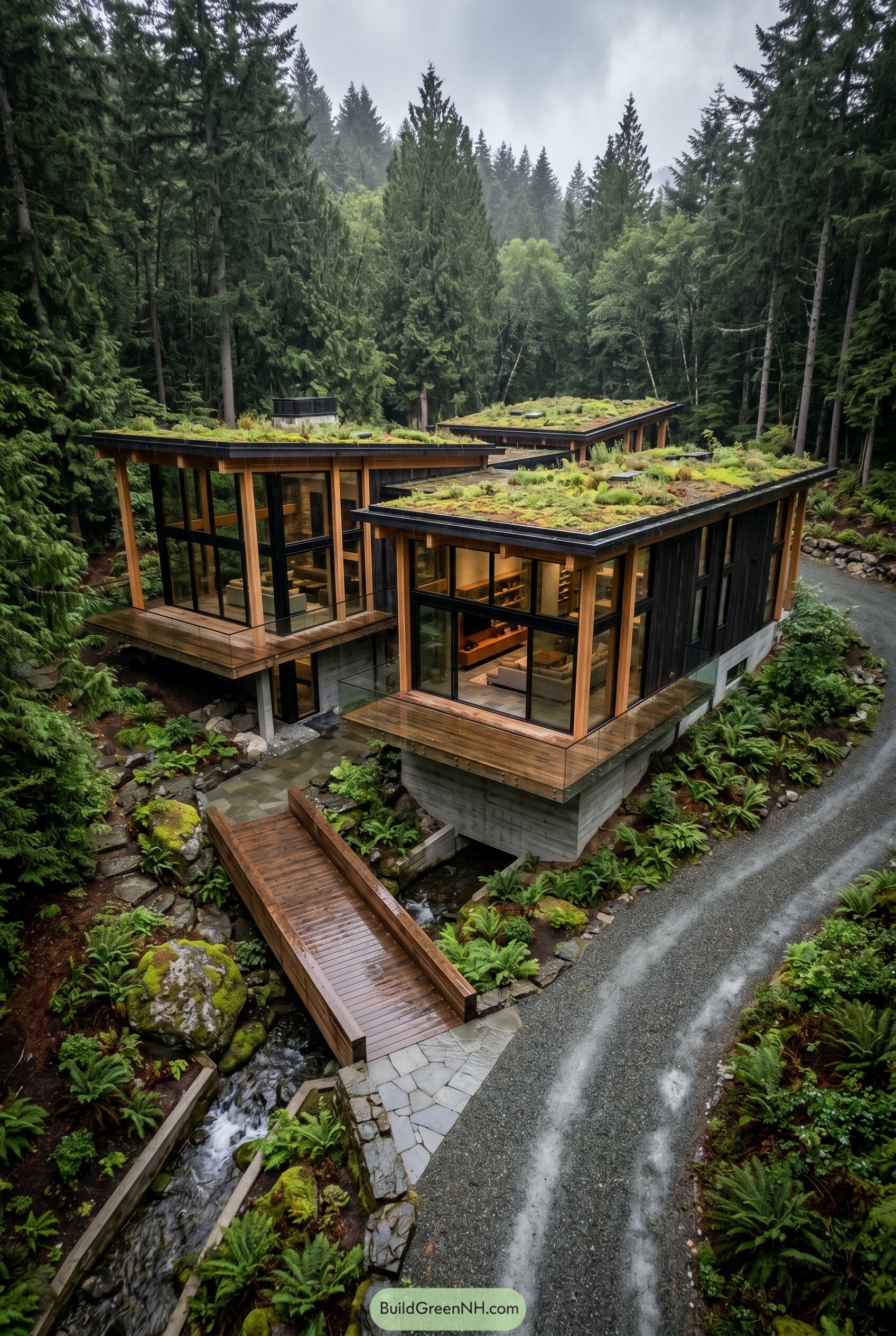 Modern forest glass home with green roofs