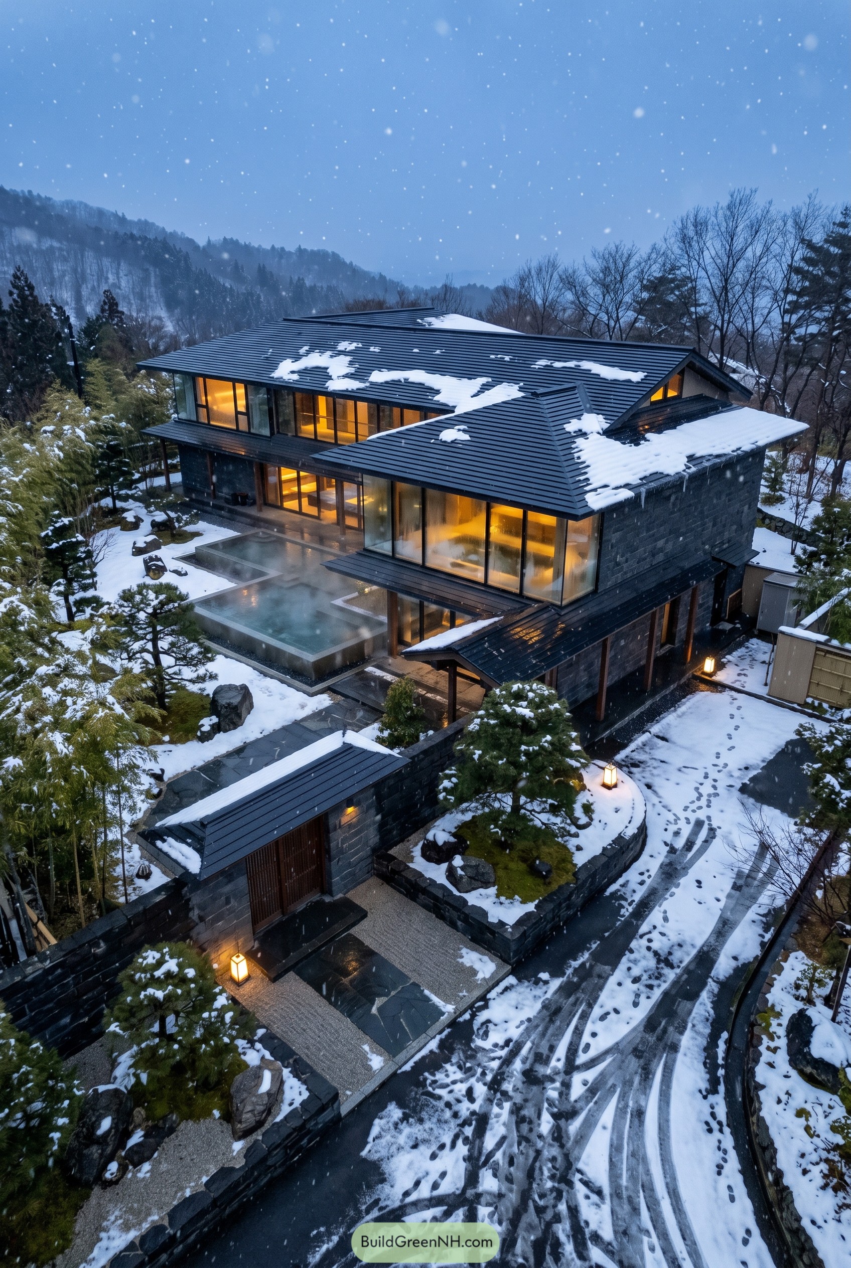 Snow covered glass mansion with black roof and hot pool