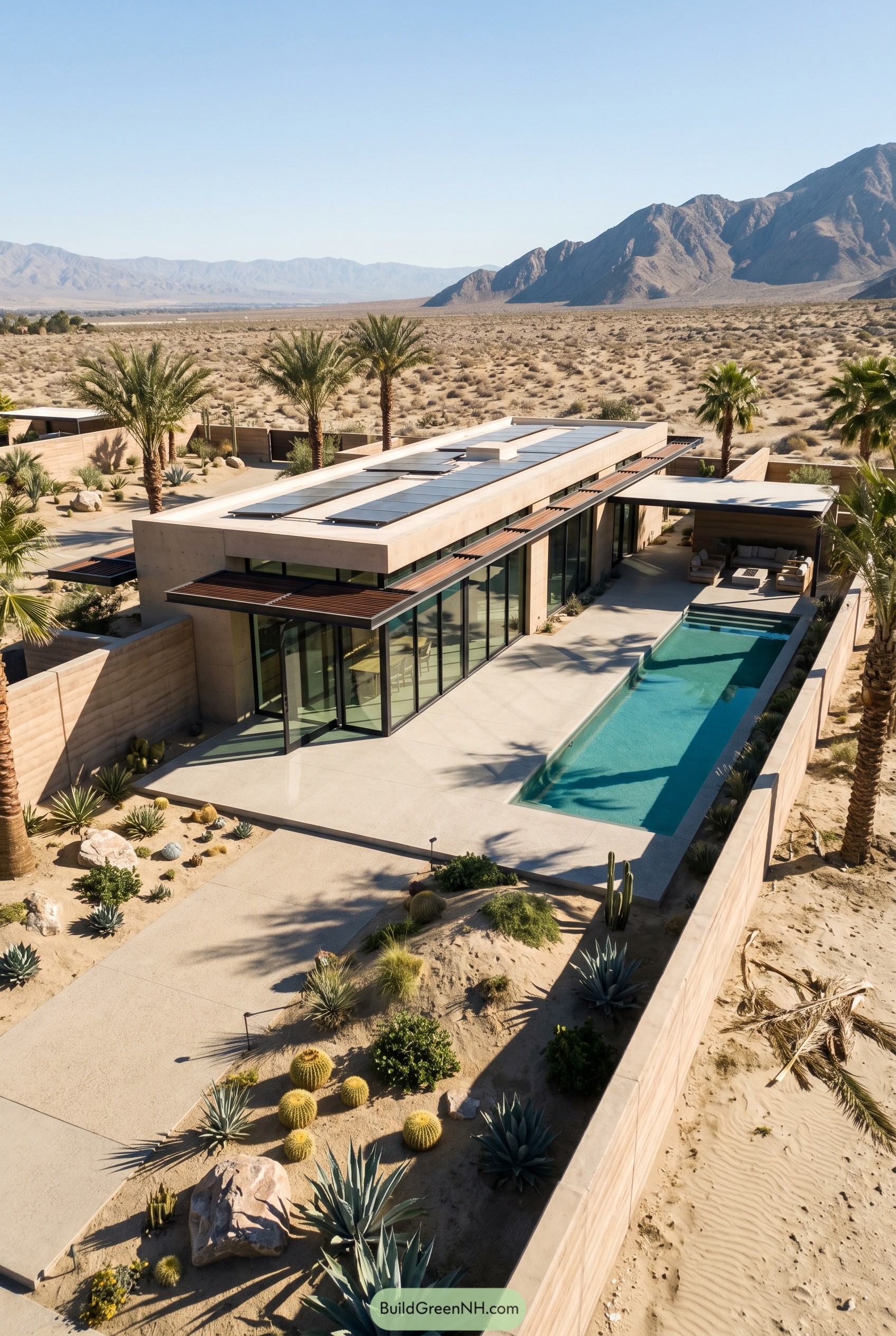 Modern desert glass house with lap pool