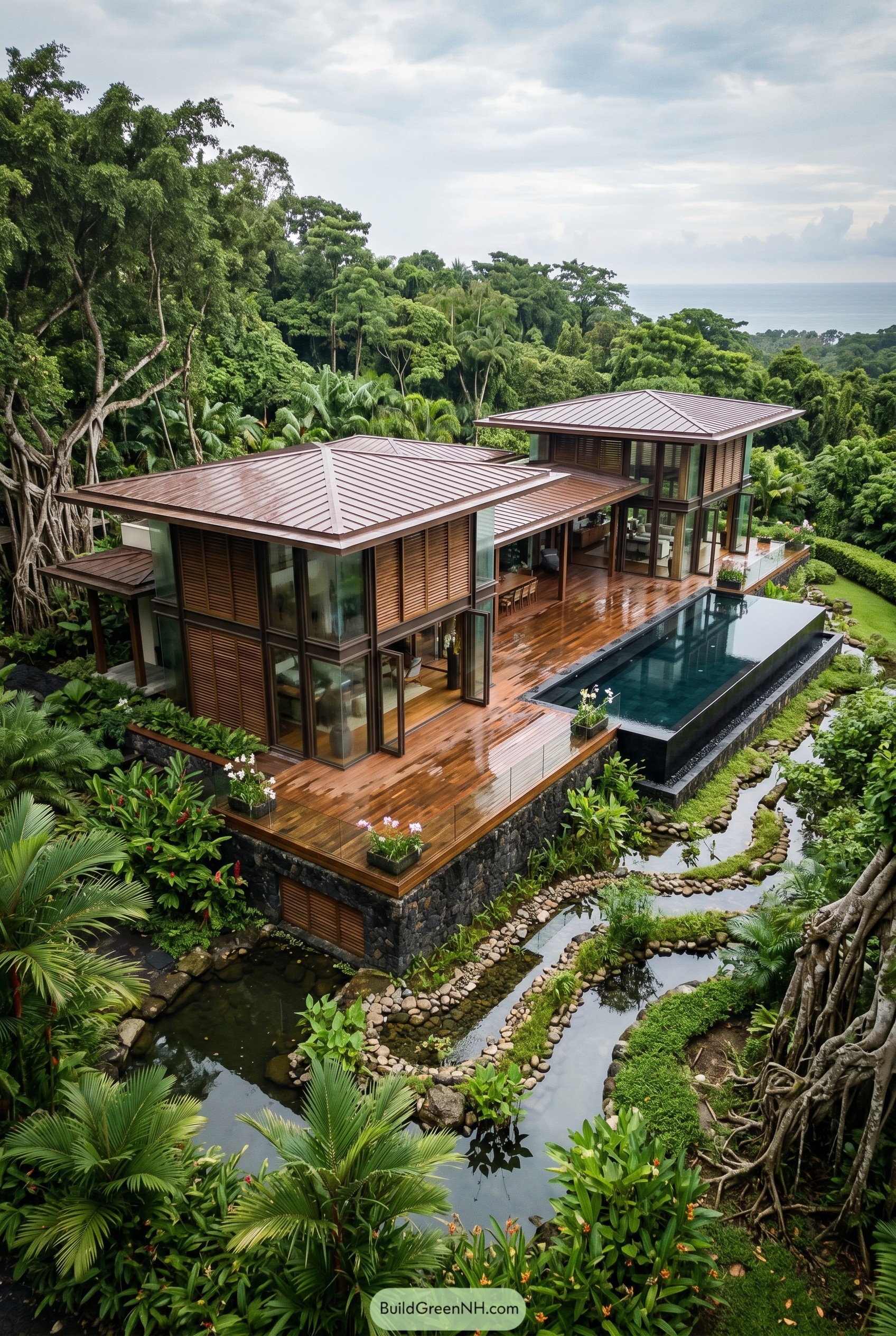 Tropical glass mansion with pool and ponds