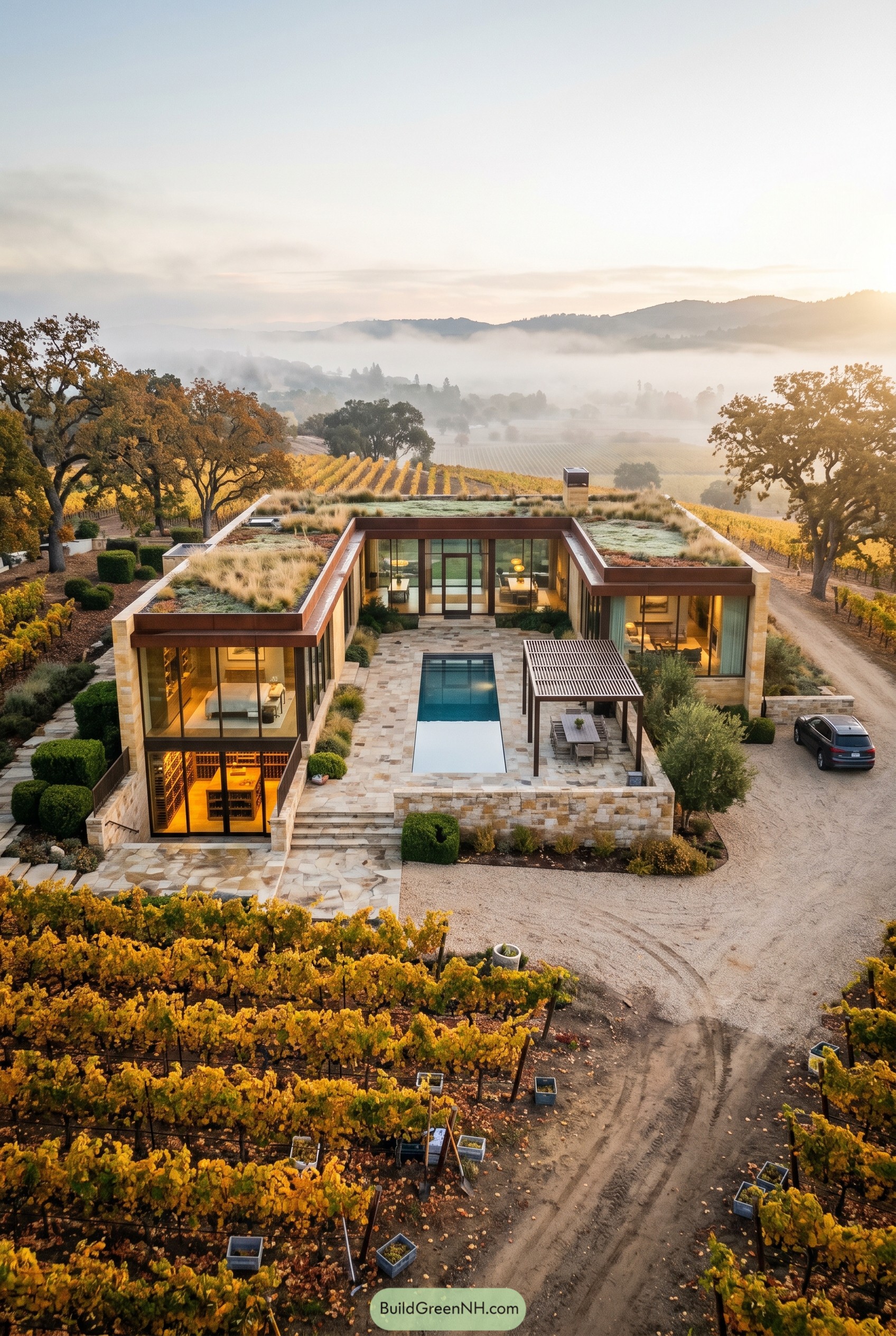 Glass courtyard mansion in a vineyard