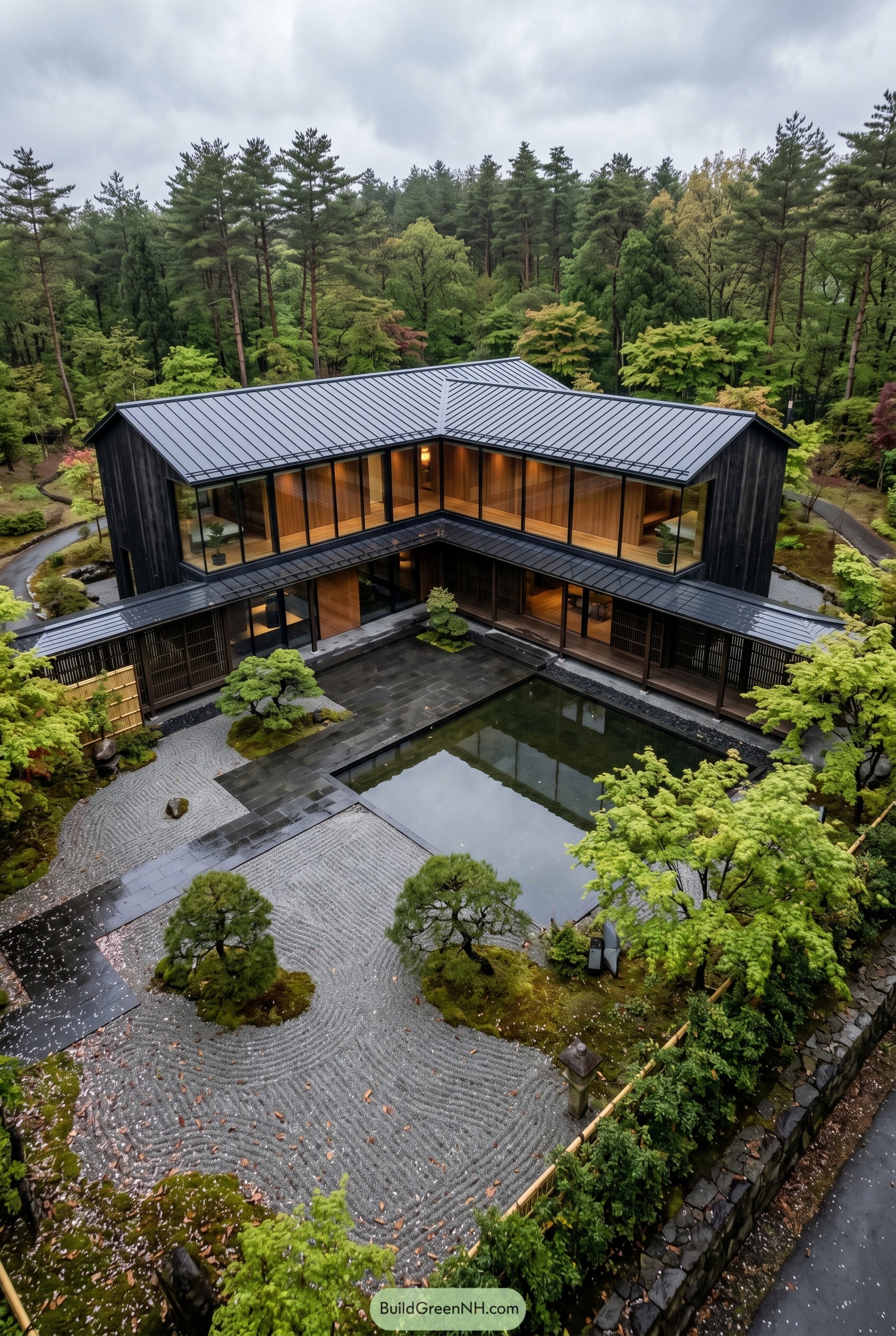 Forest home with reflecting pool and zen garden