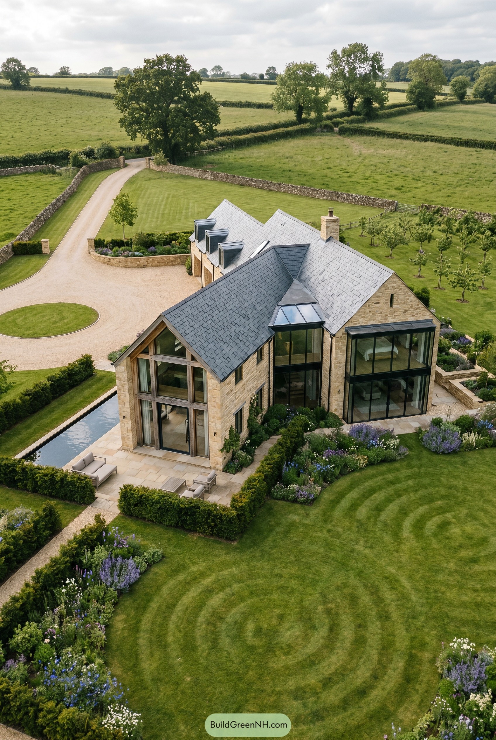 Stone country manor with glass wings and pool