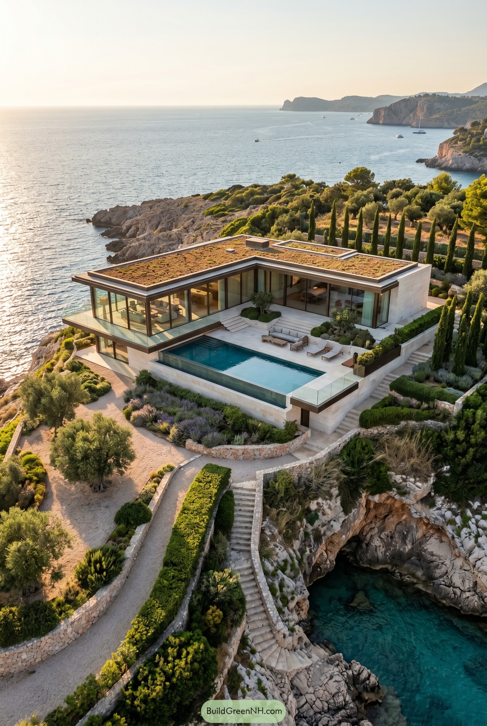 Modern glass villa above a rocky cove