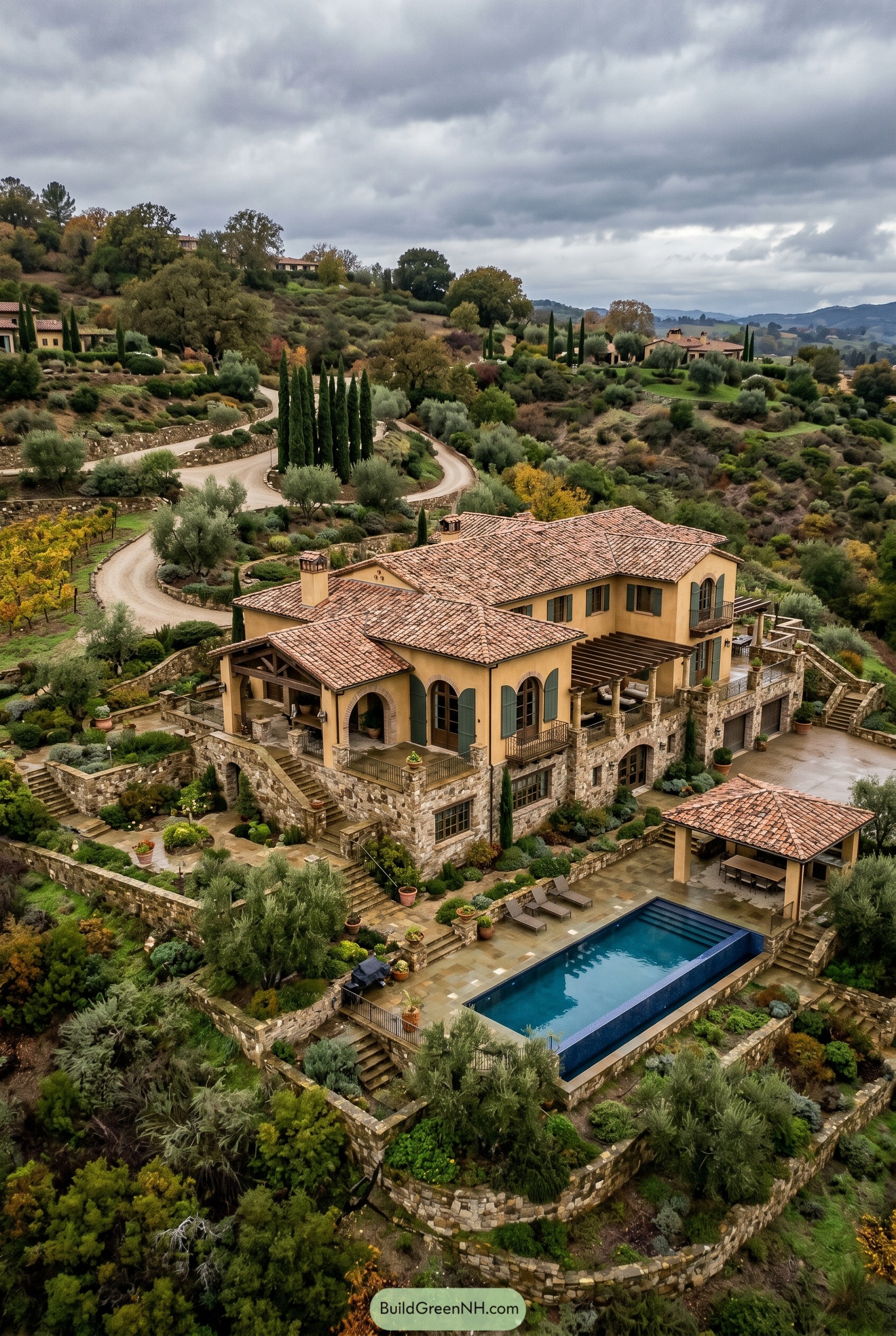 Hillside Mediterranean mansion with terraced pool