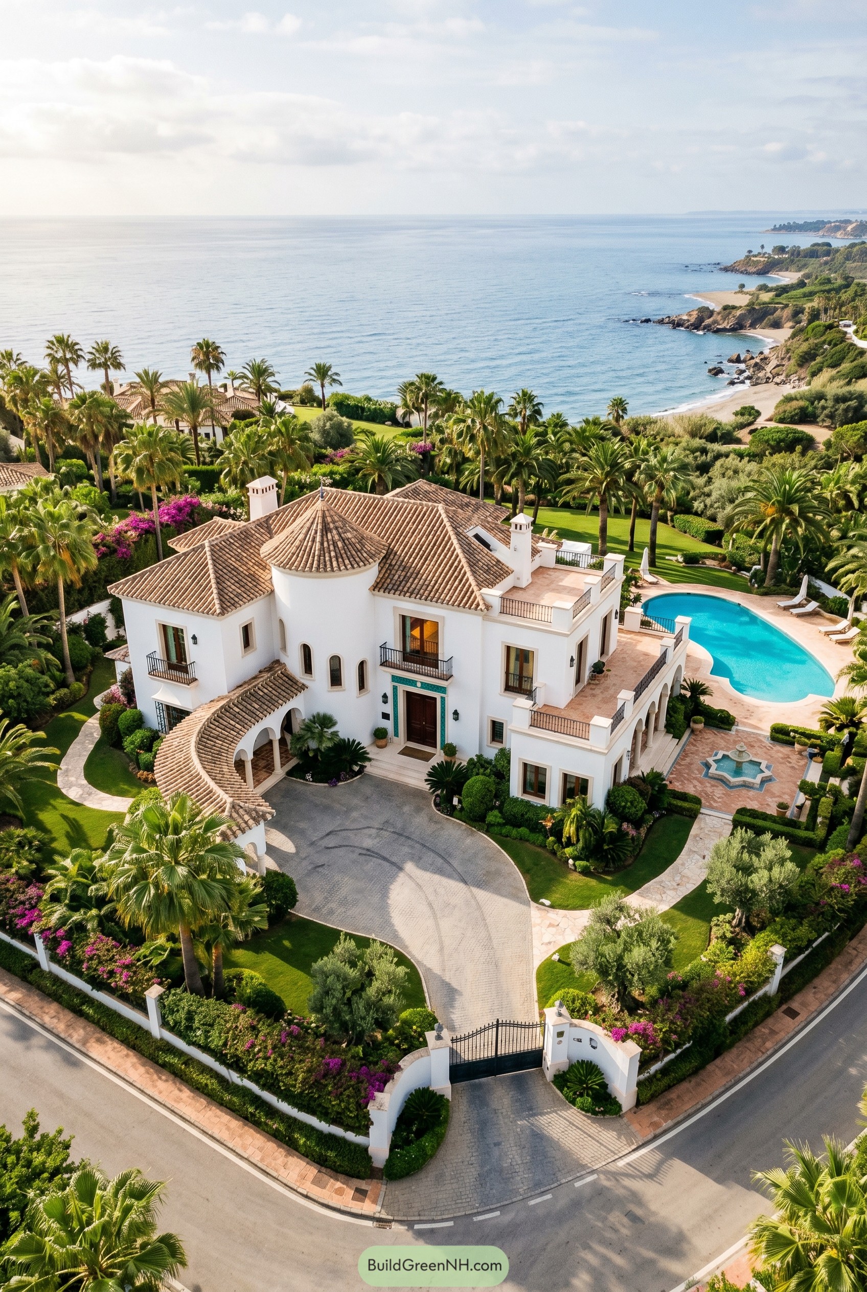 White stucco seaside mansion with pool and palms