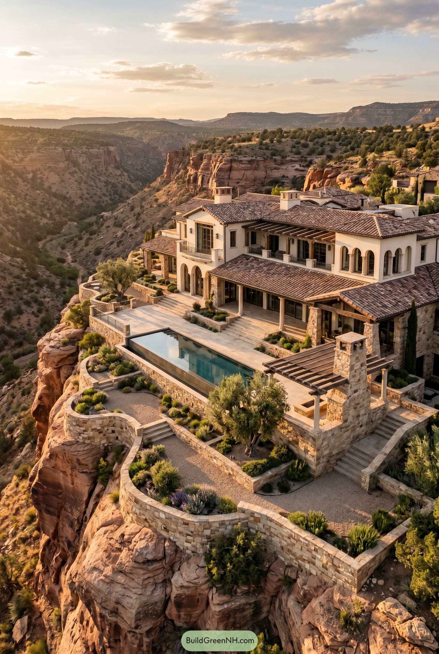 Mediterranean cliffside mansion with terraced pool