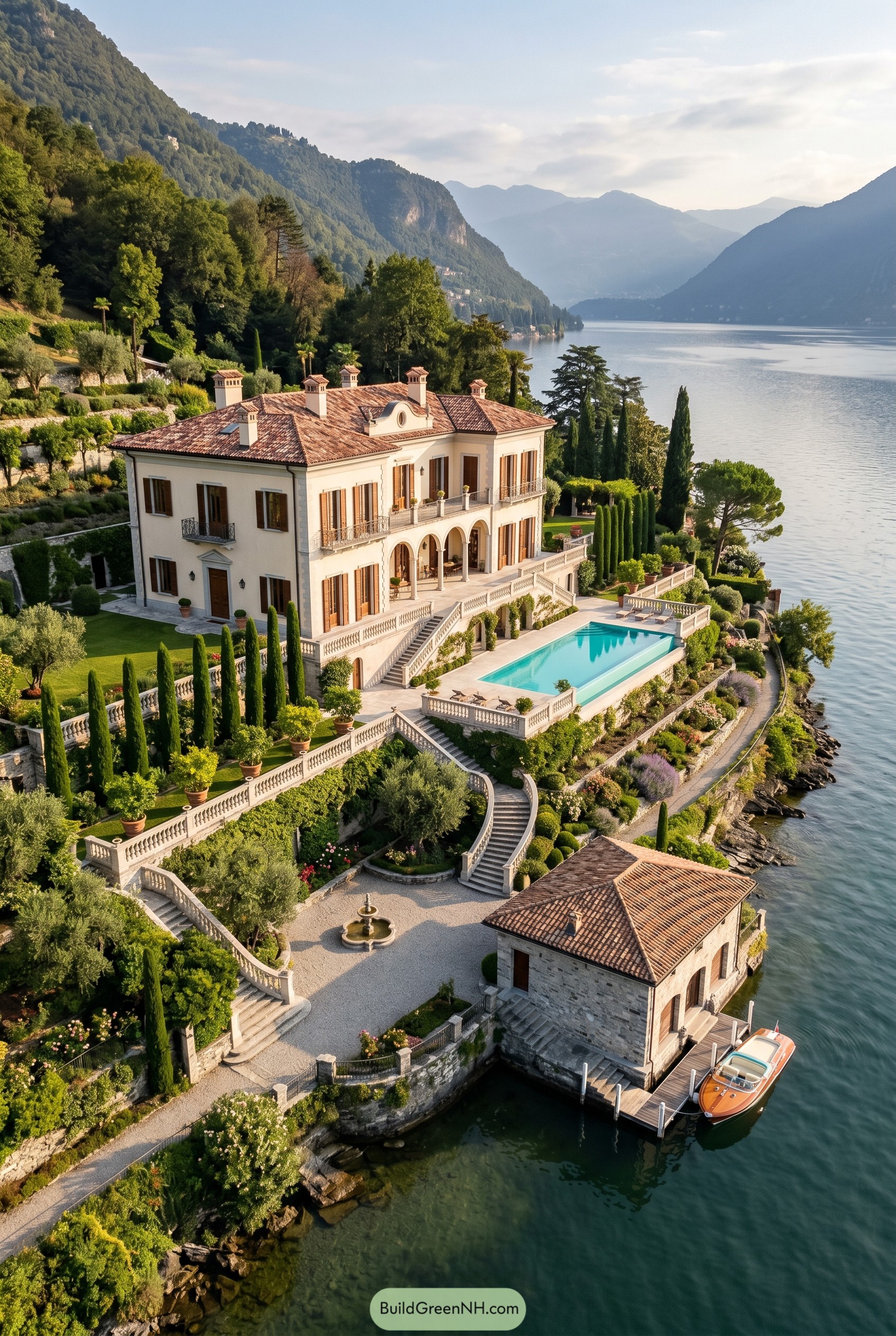 Lakeside Mediterranean mansion with pool and boathouse