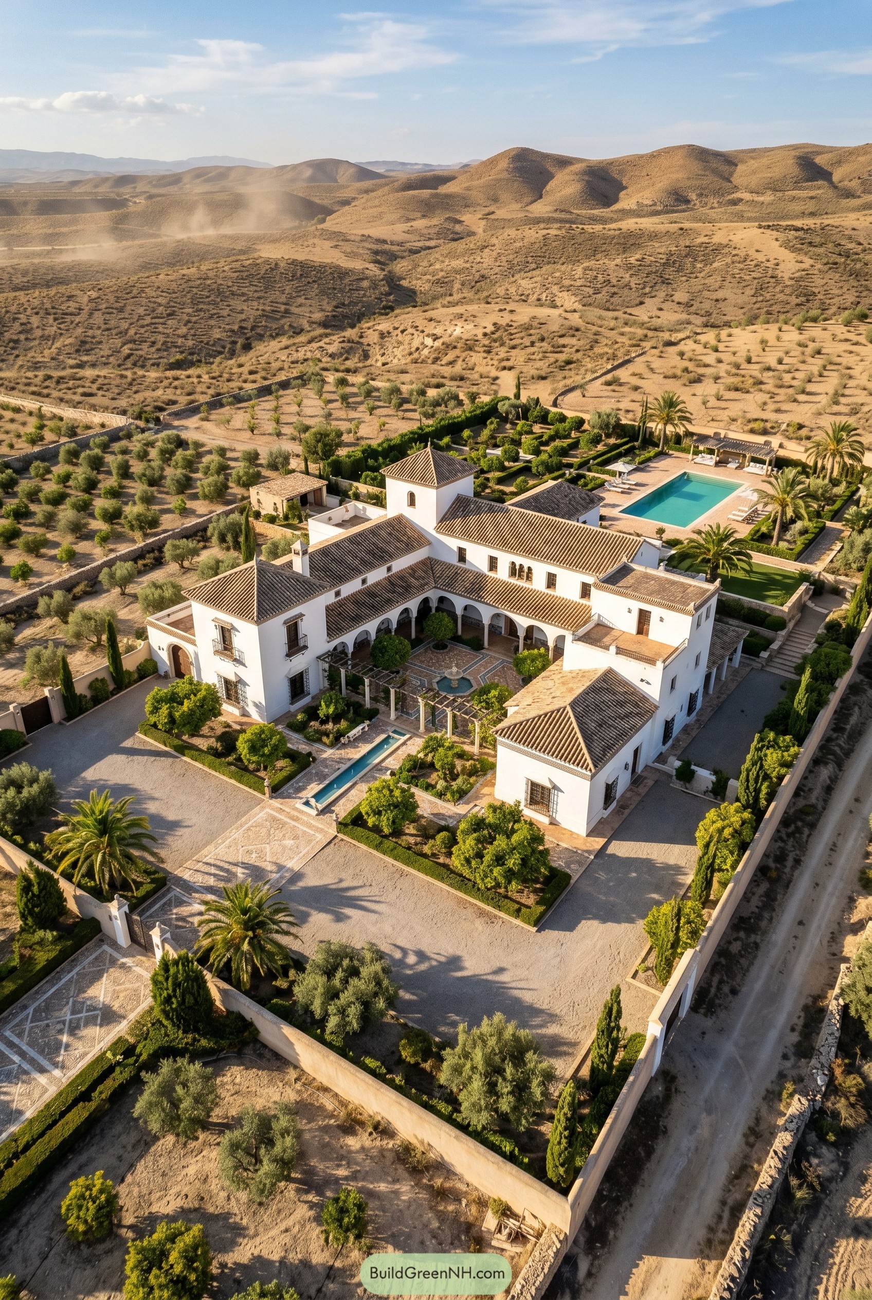 White Mediterranean estate with courtyard pool and olive groves