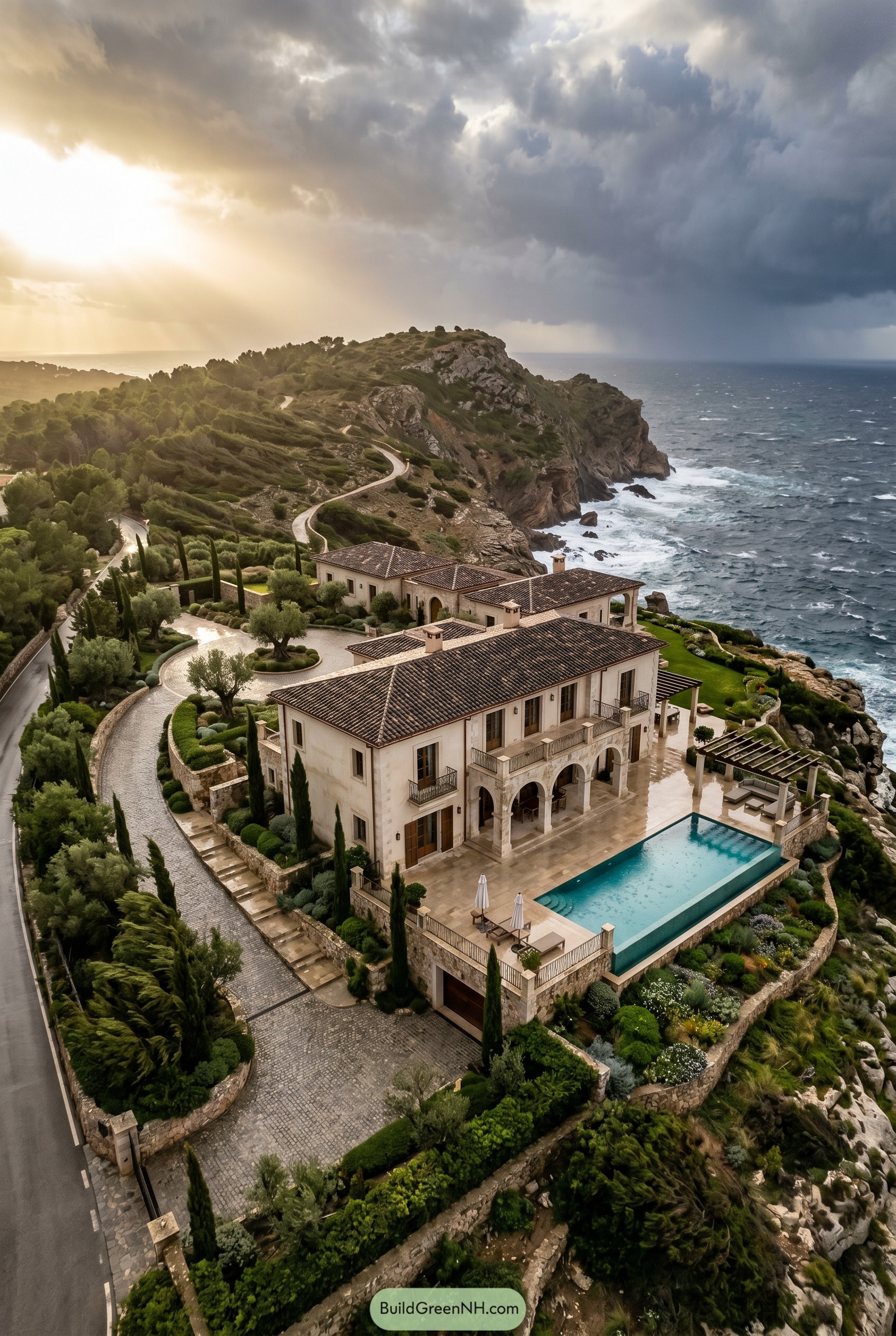 Mediterranean cliffside mansion with infinity pool