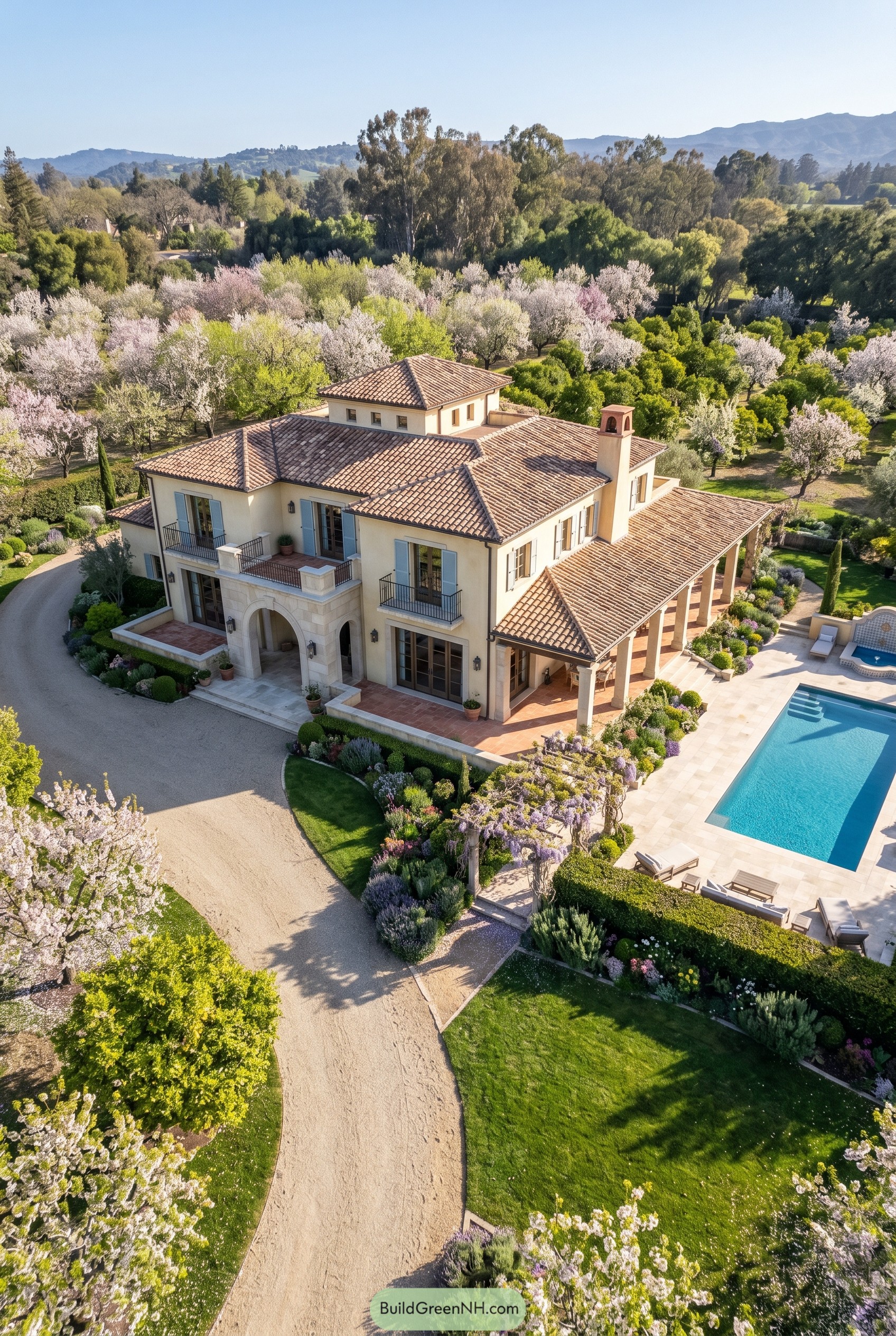 Mediterranean mansion with pool and blooming orchard