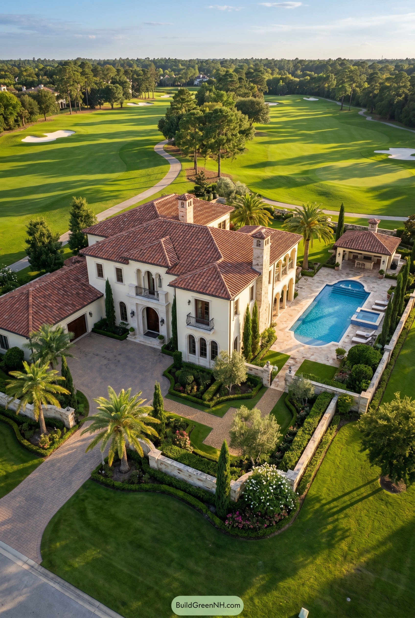 Mediterranean mansion with pool beside golf course