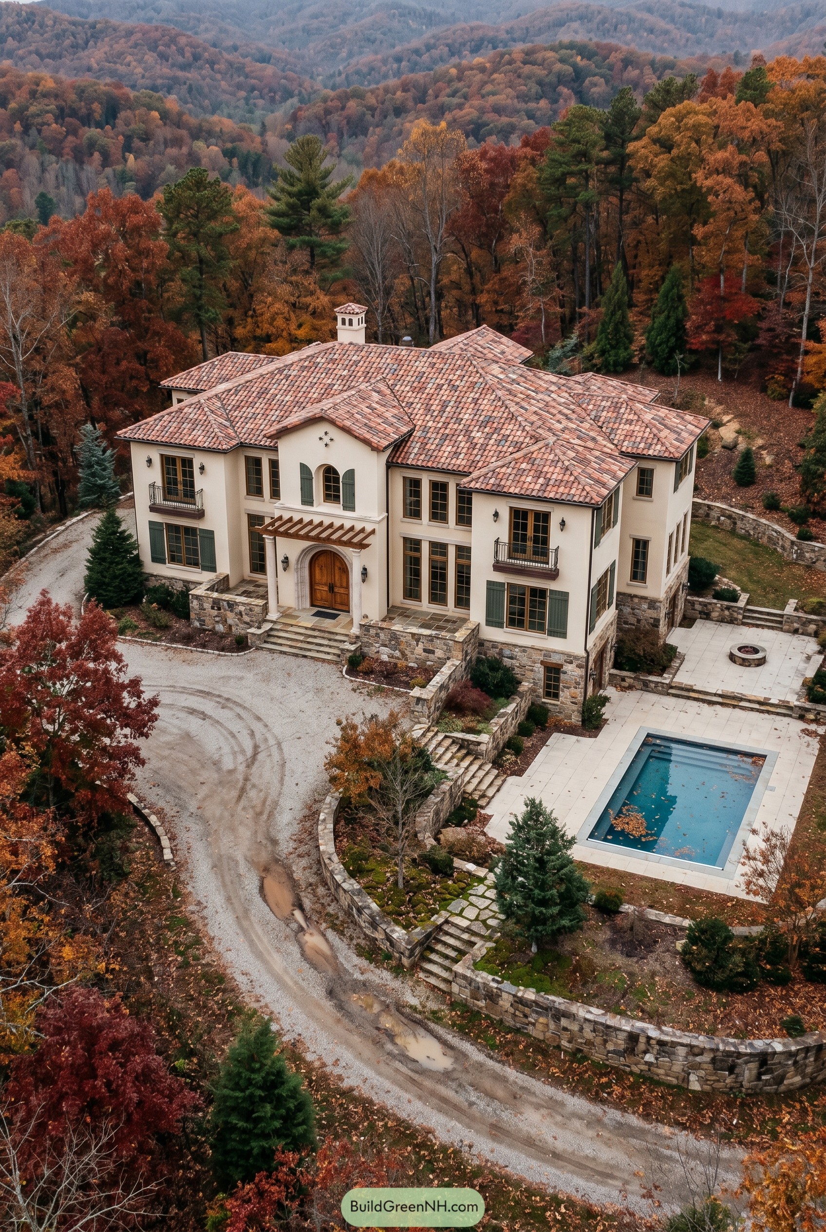 Mediterranean mansion with tile roof in autumn woods