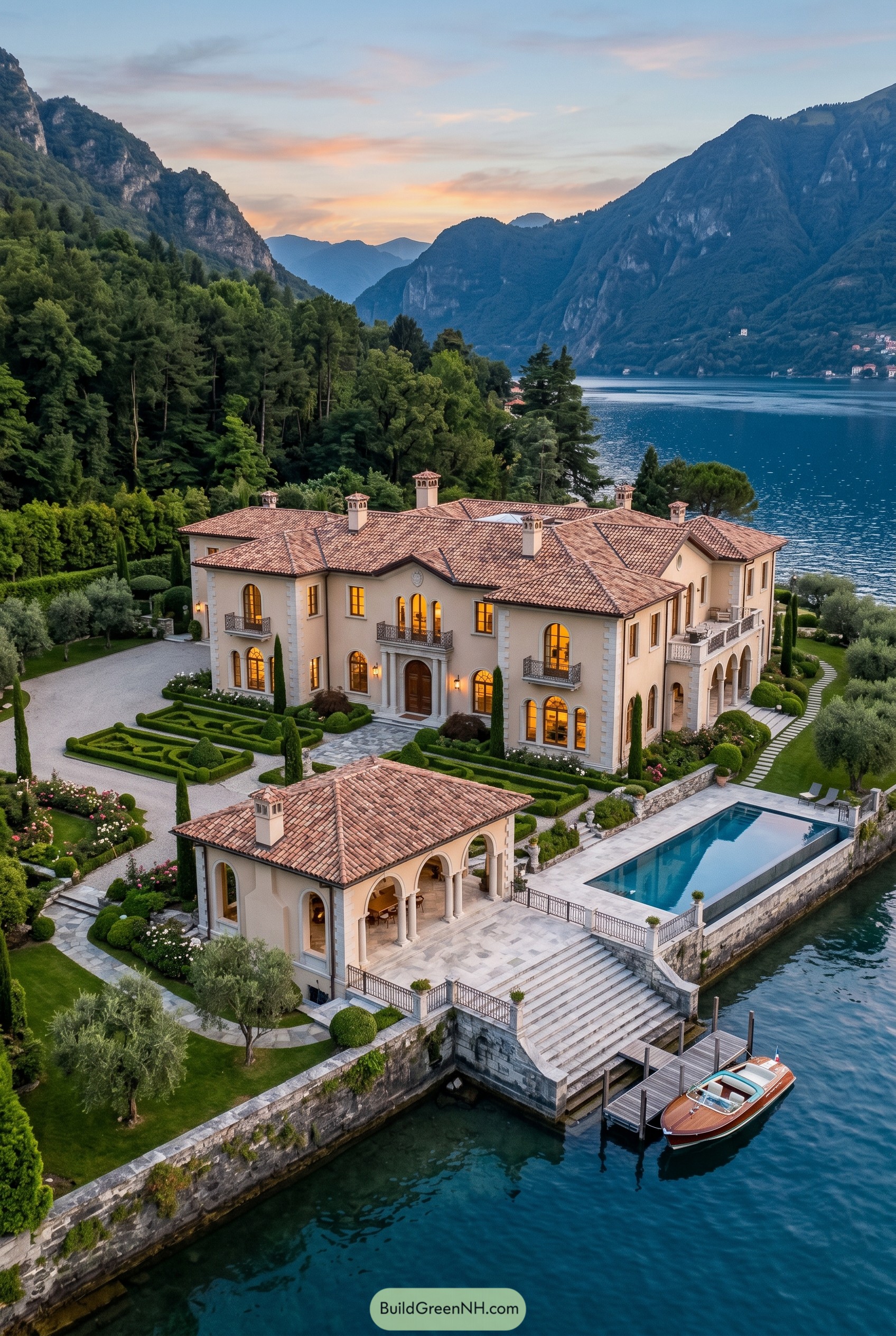 Lakefront Mediterranean mansion with pool and dock