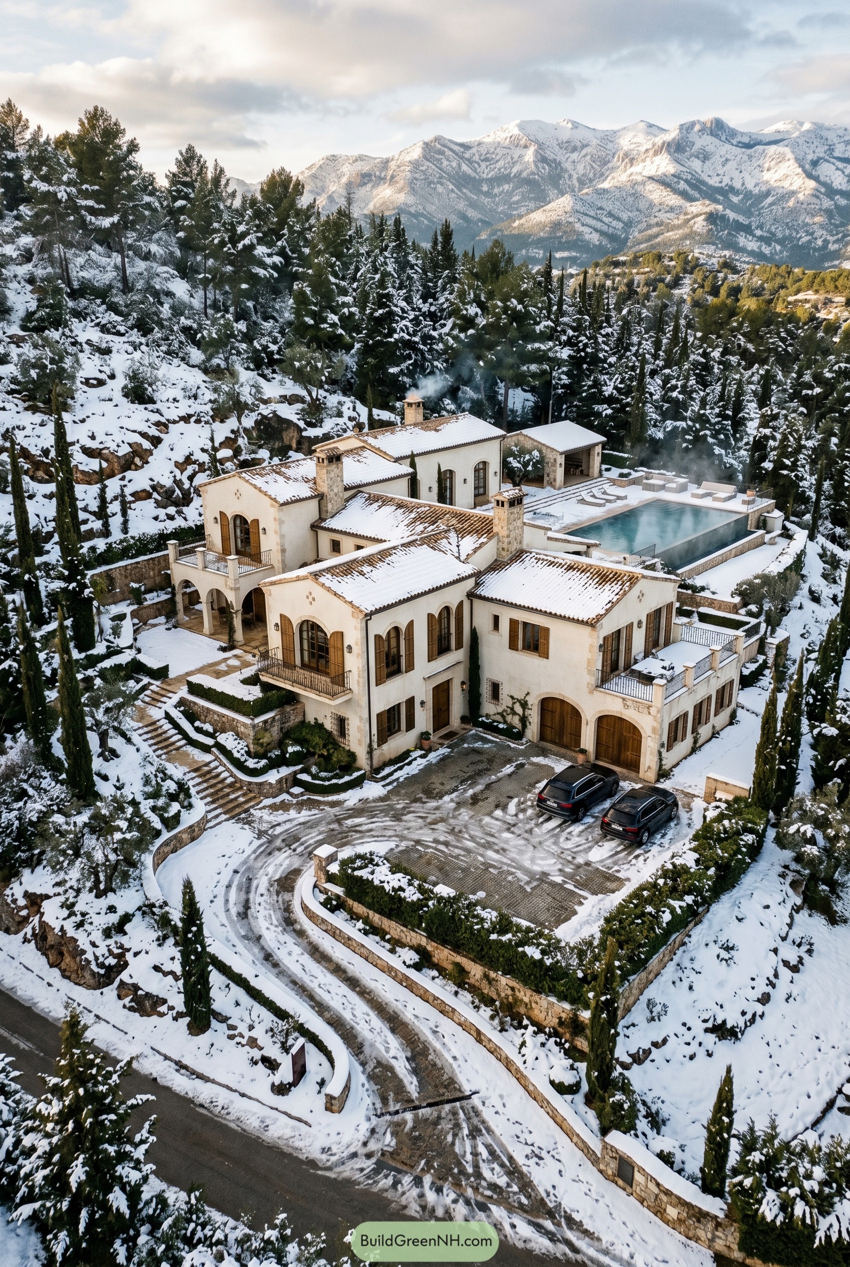 Snowy Mediterranean mansion with mountain pool