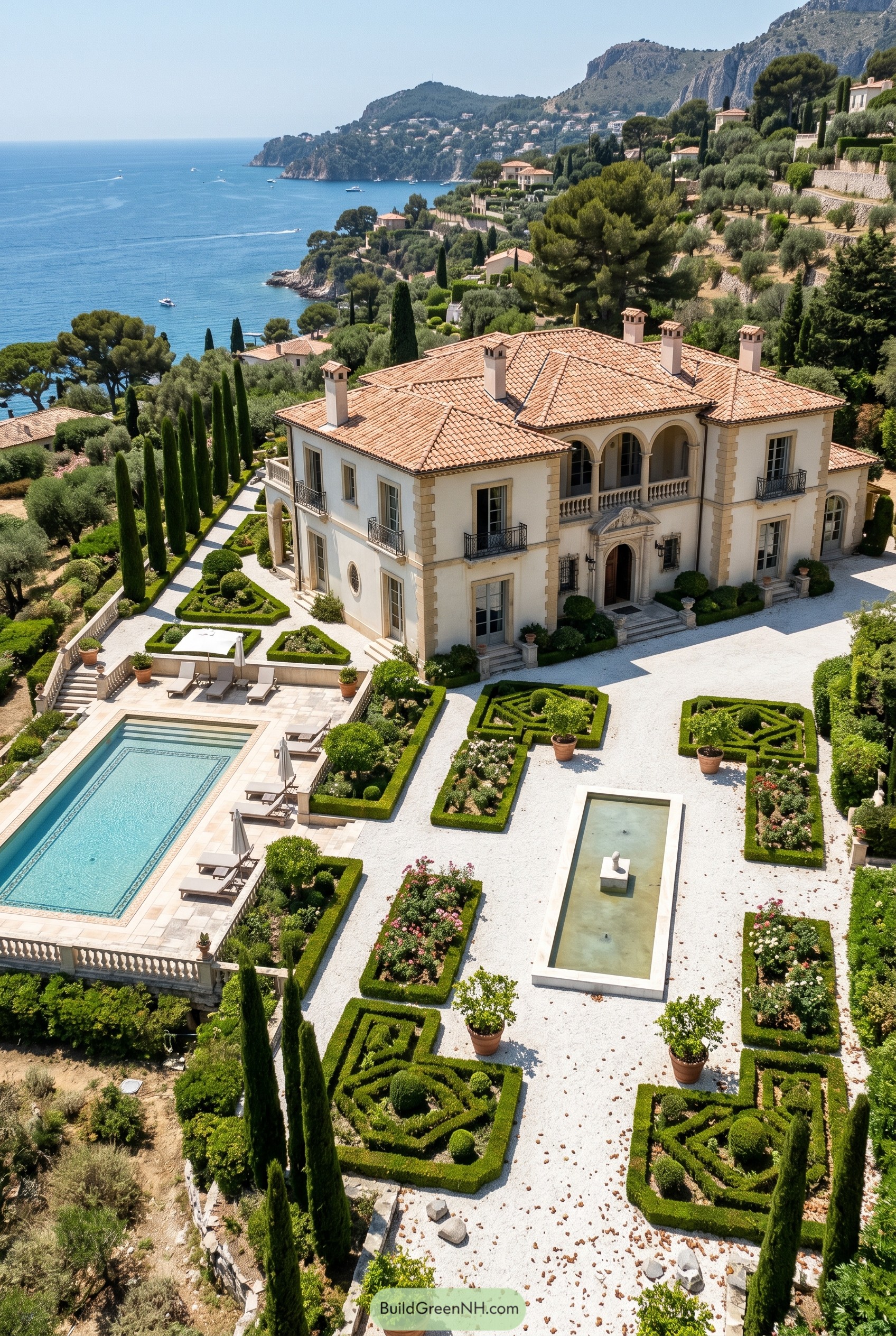 Seaside Mediterranean mansion with formal gardens and pool