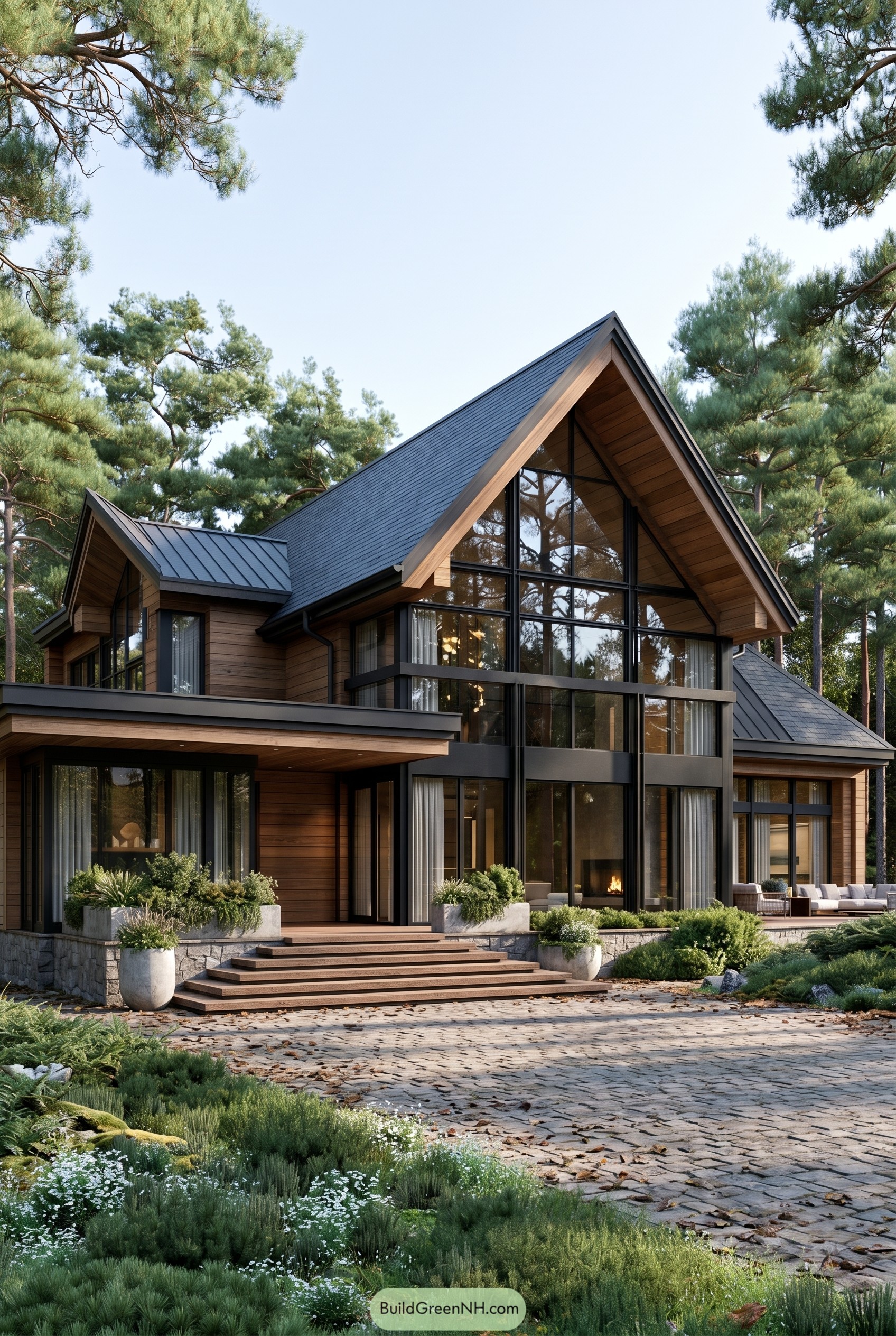Modern timber home with steep glass gables