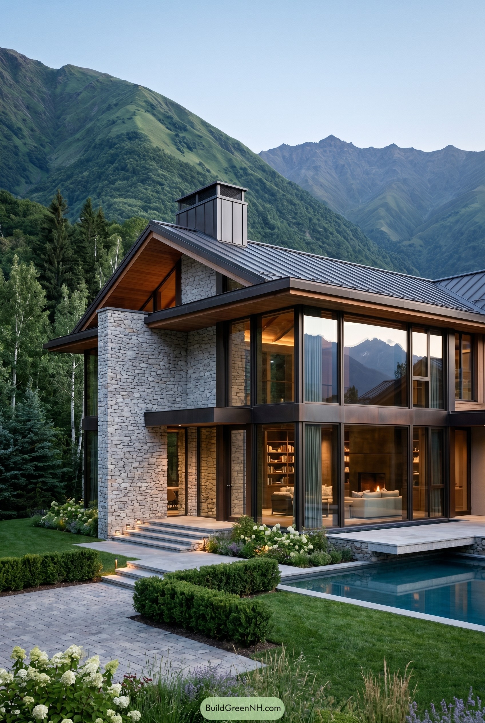 Modern stone and glass mountain house with pool