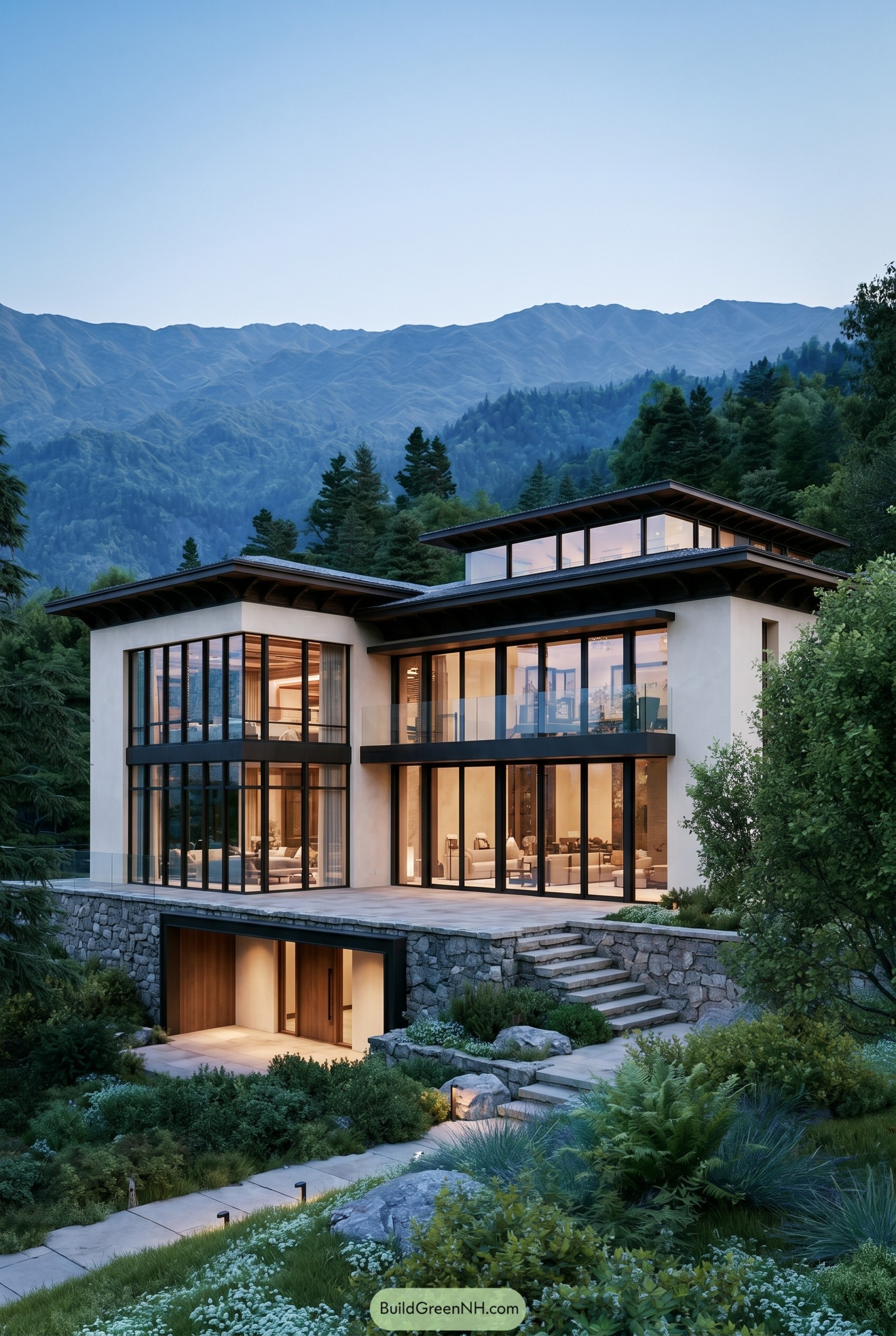 Modern hillside villa with glass walls