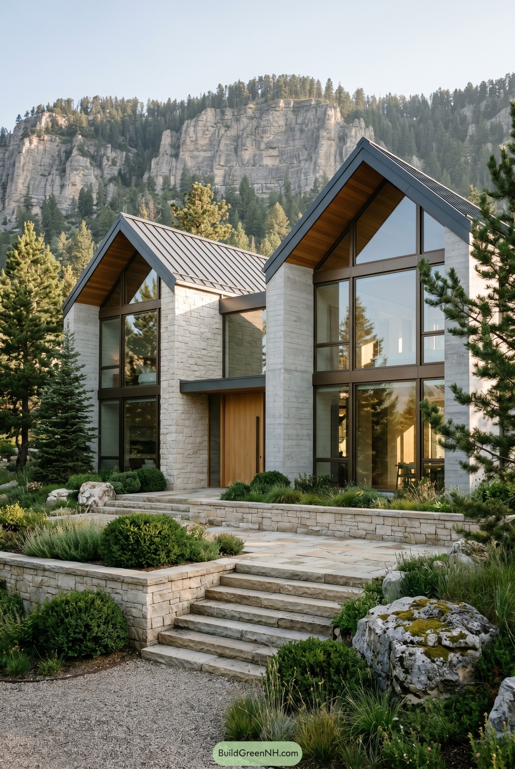 Modern twin gable mountain house with stone and glass