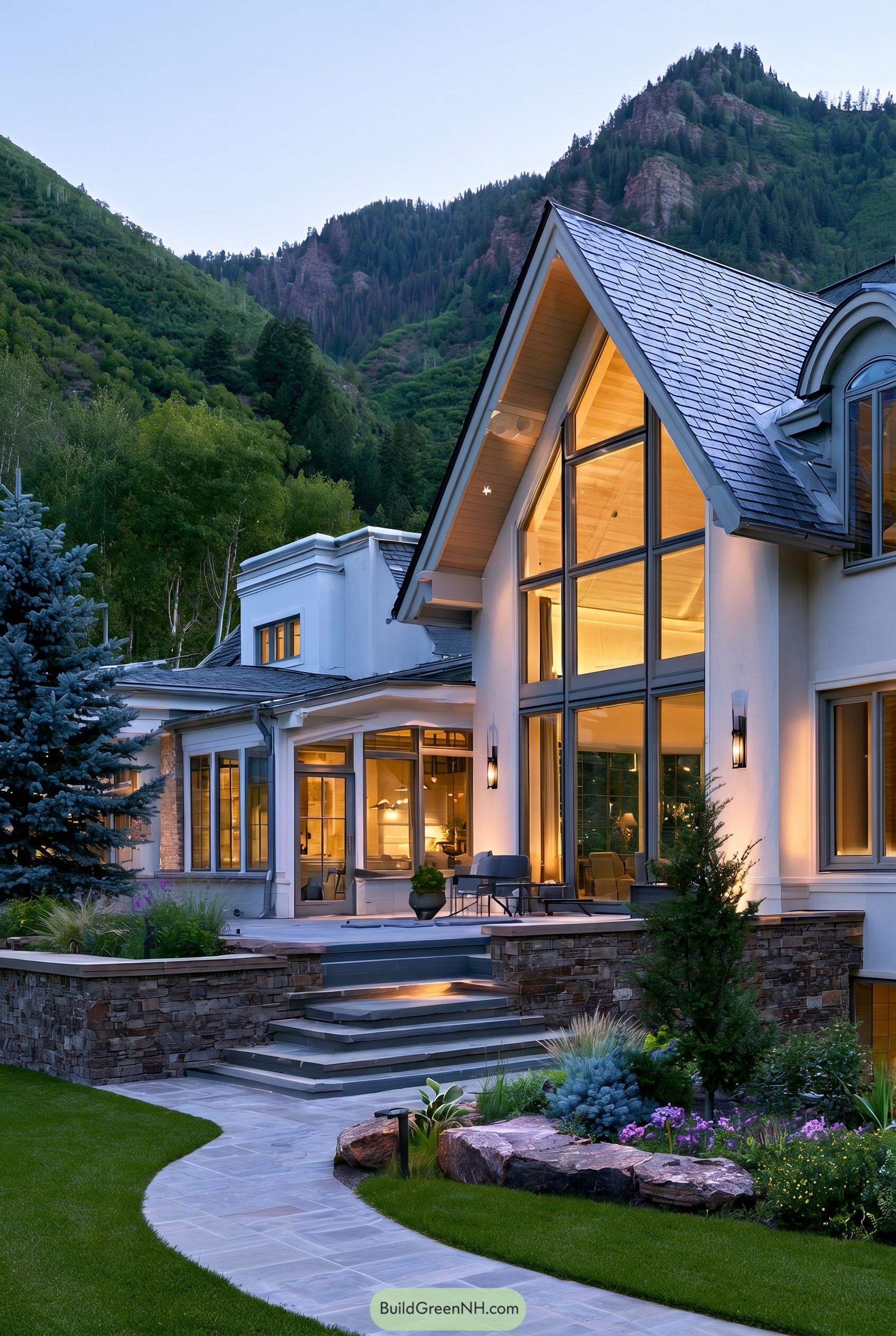 Modern mountain home with tall gabled glass wall