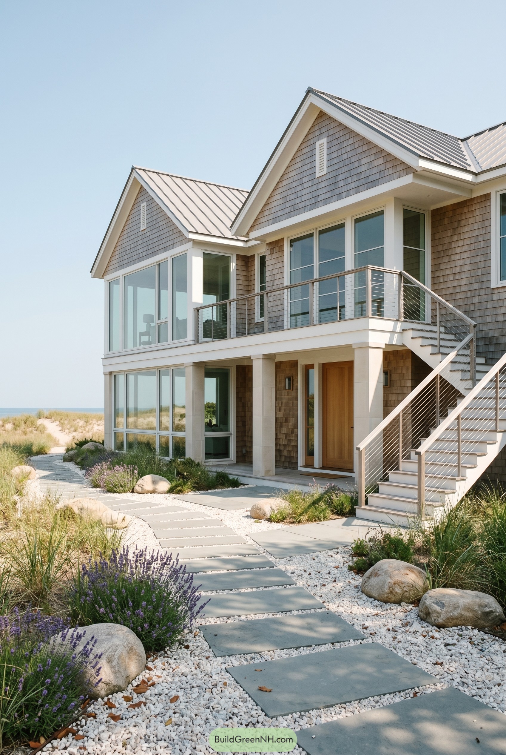 Modern shingle beach house with dune path