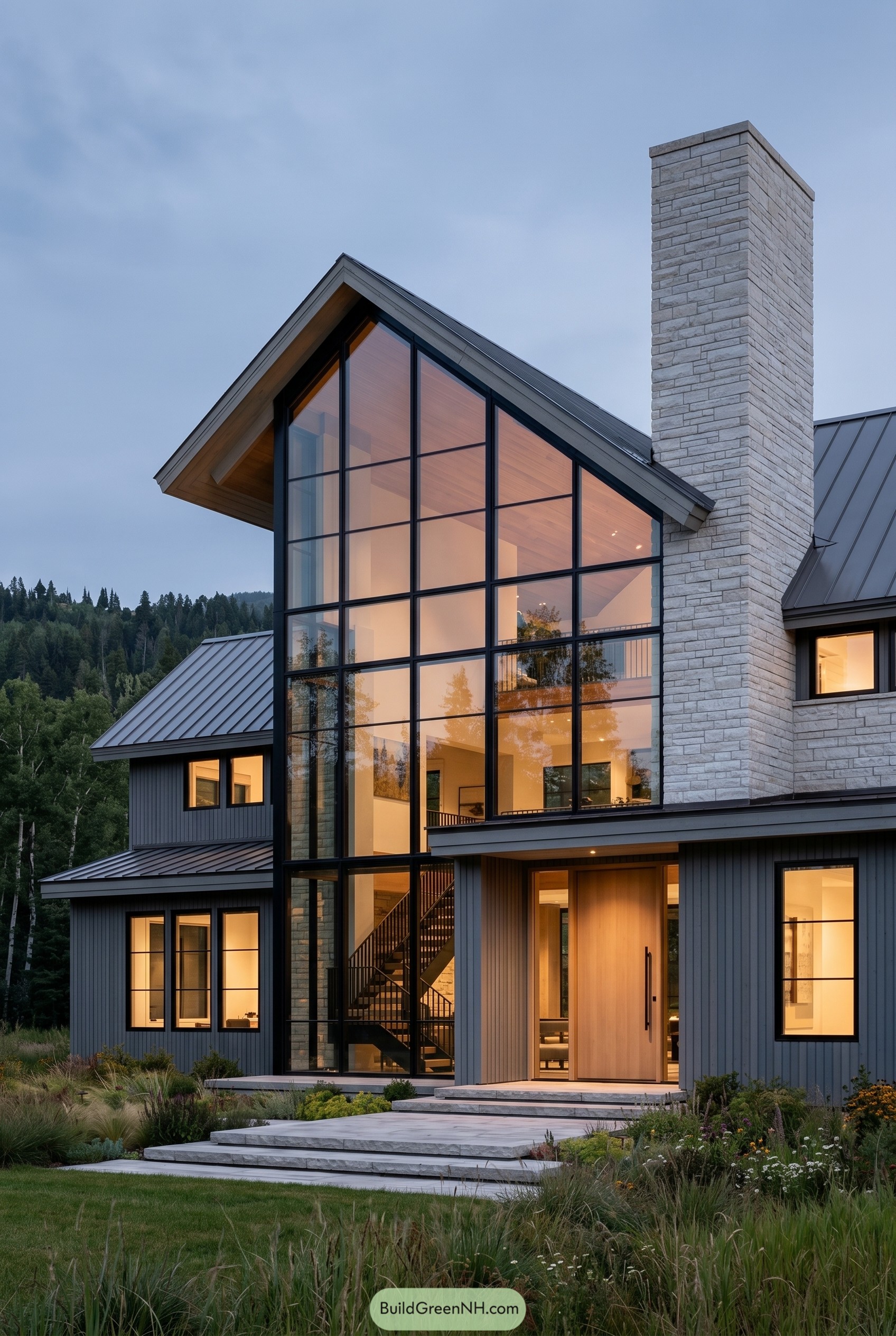 Modern mountain home with glazed gable and stone chimney