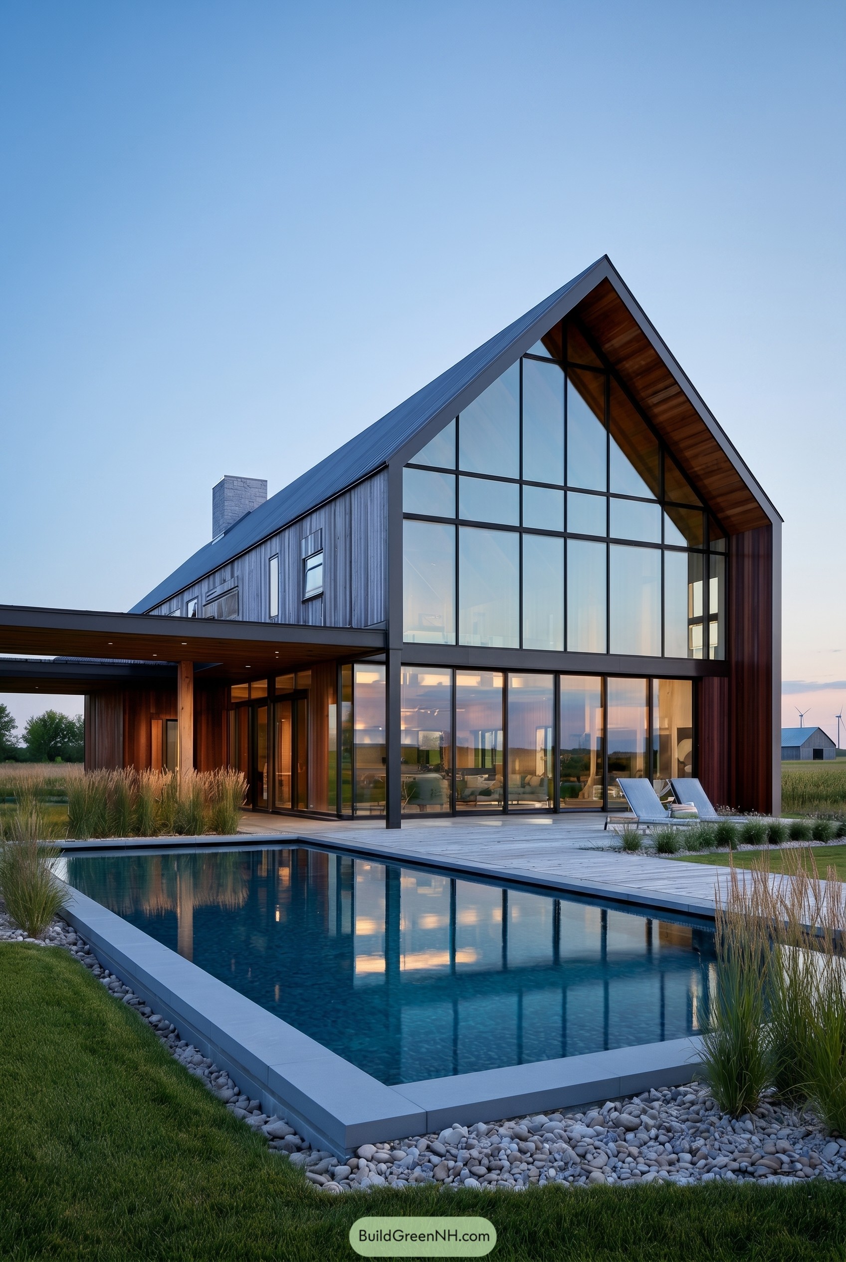 Modern gabled glass house with pool
