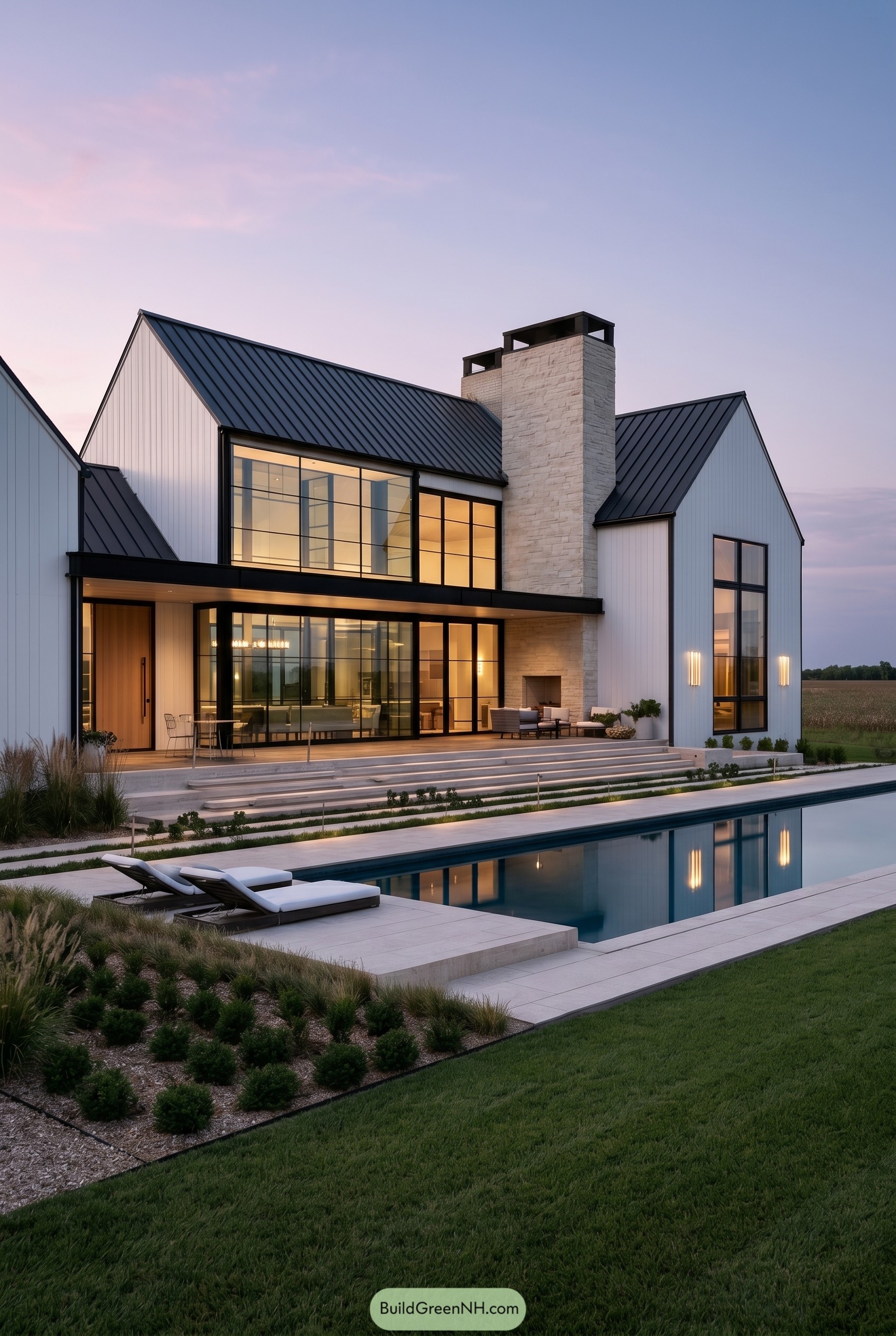 White gabled modern house with pool
