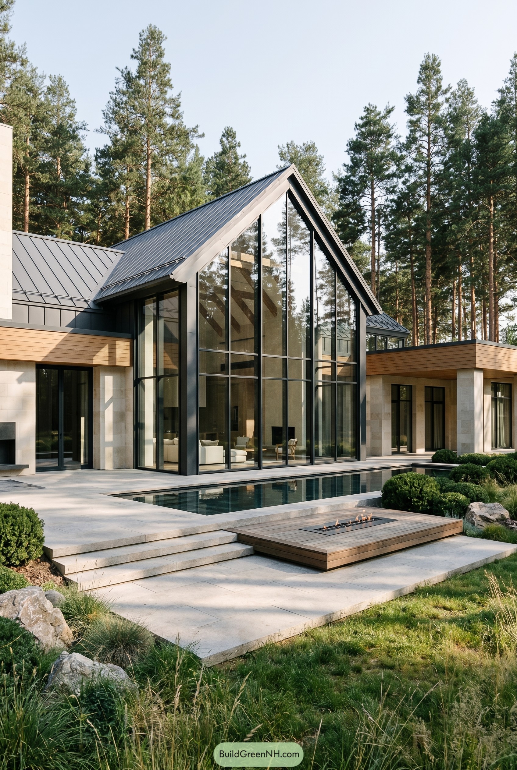 Modern gabled glass house with reflecting pool