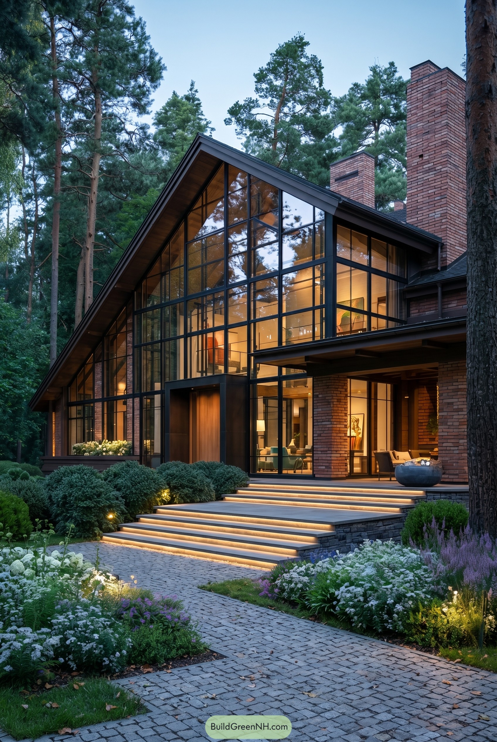 Modern glass gable house with brick chimneys