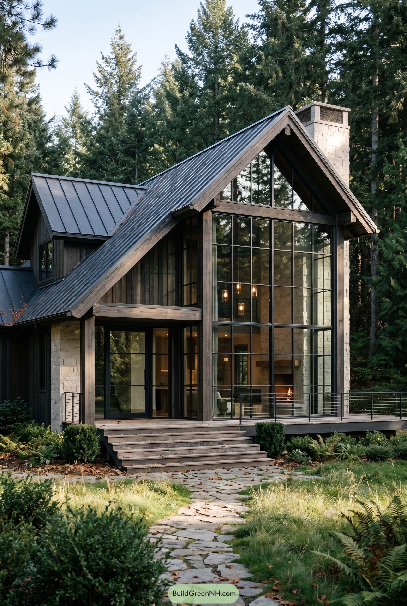 Modern black gabled house in forest