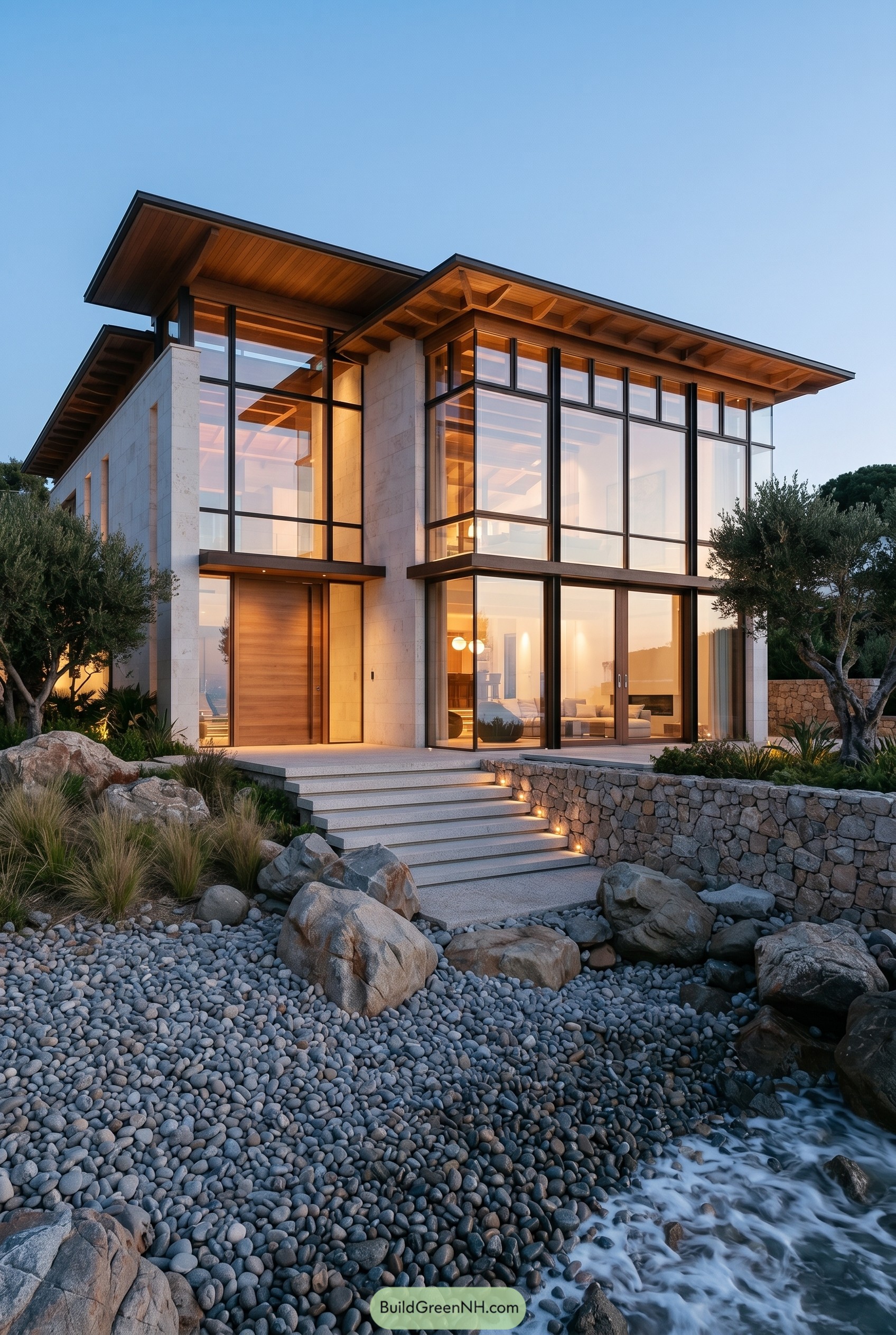 Modern beachfront house with glass walls