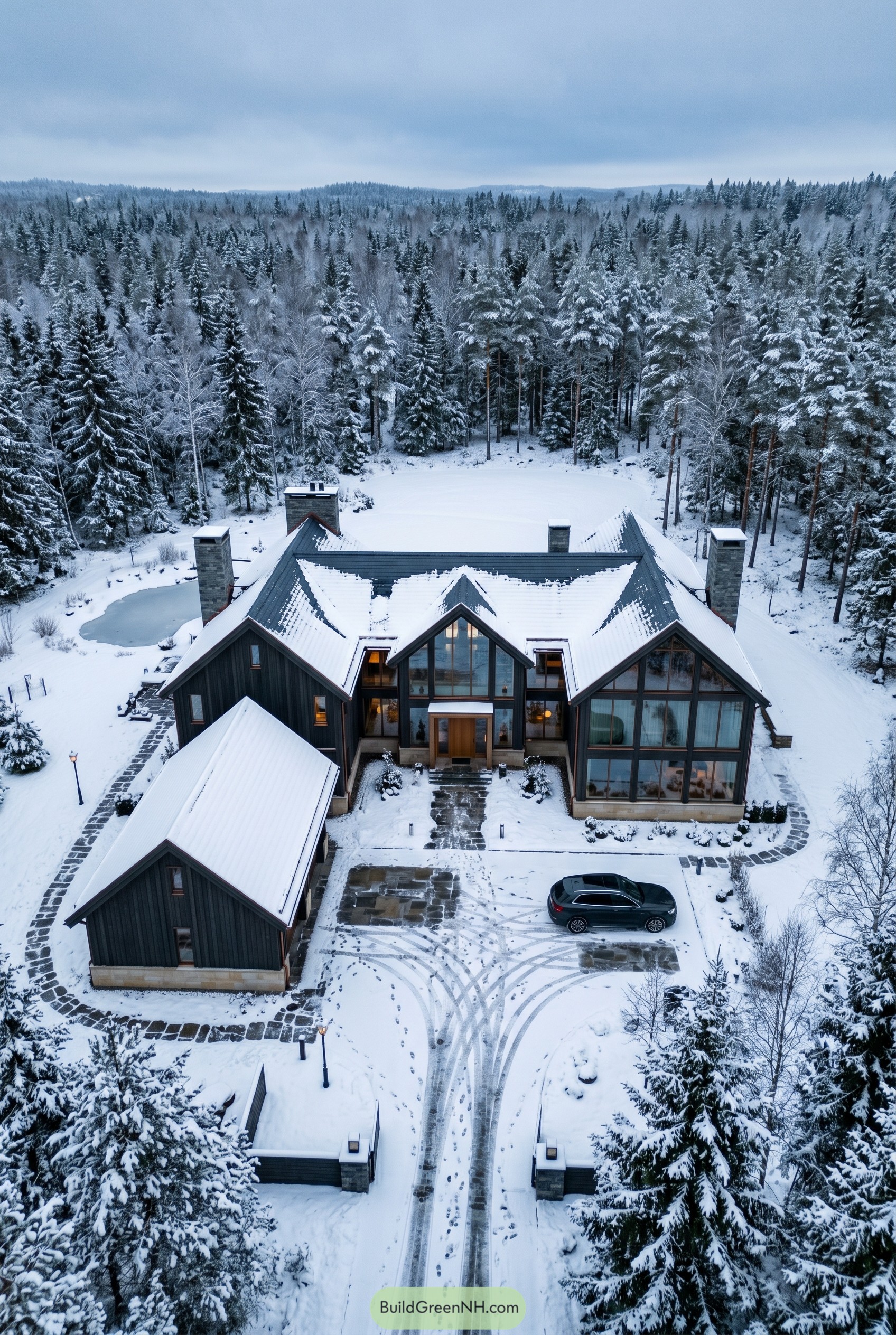Dark gabled mansion in snowy pine forest