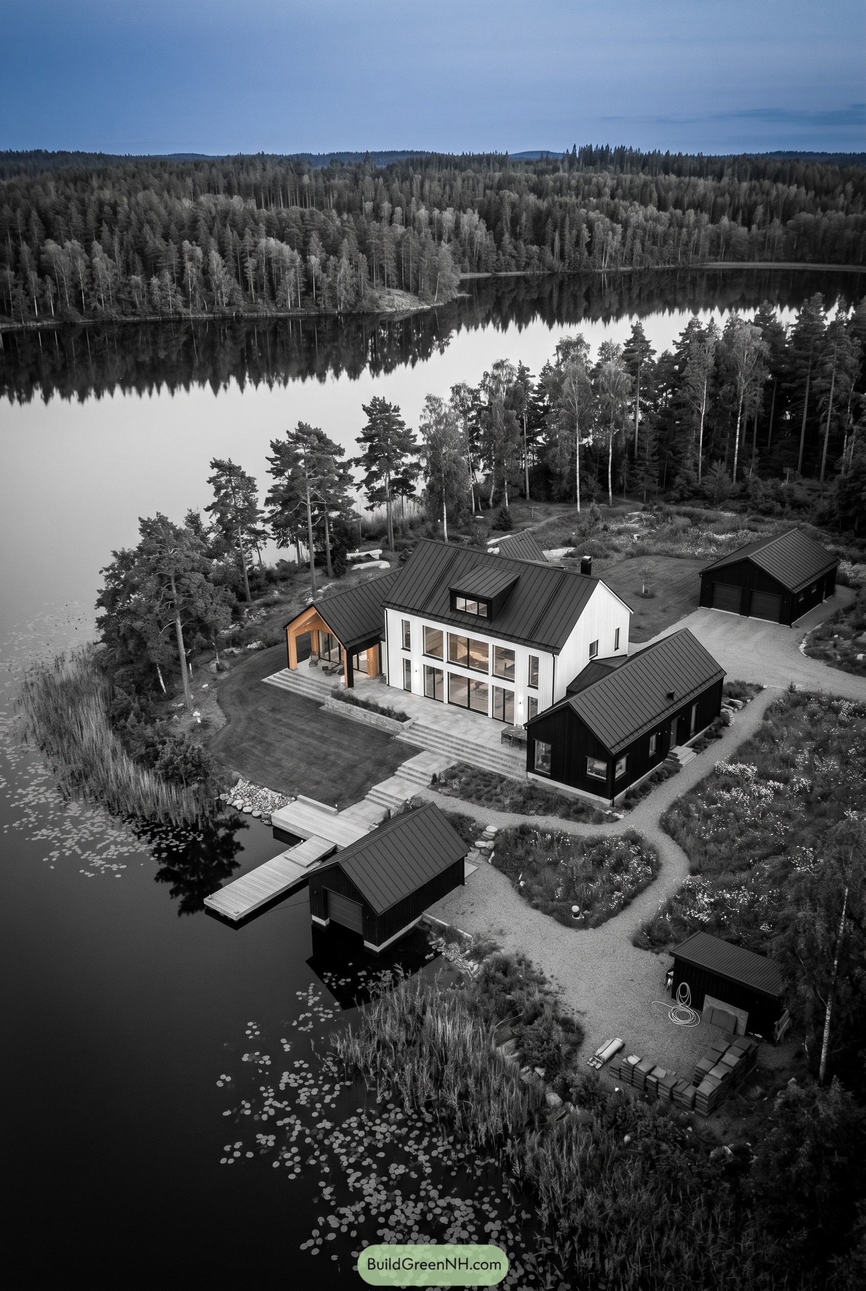 Modern Nordic lakeside home with dock