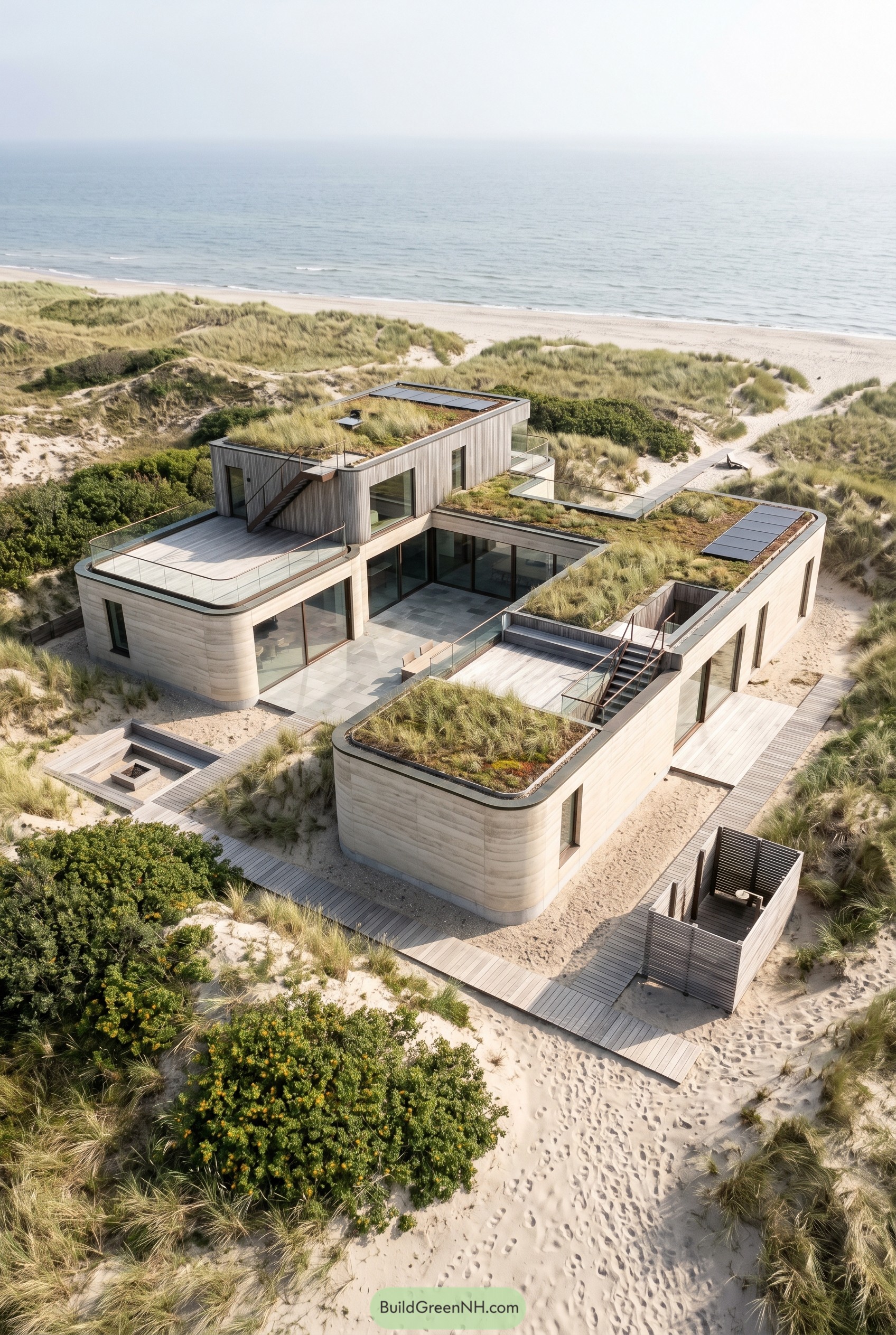 Modern dune mansion with green roofs by the sea