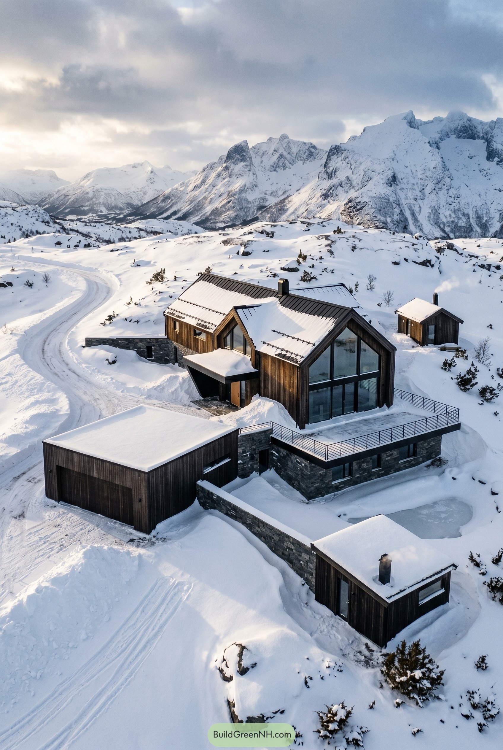Snow covered timber and stone mountain lodge with steep gables