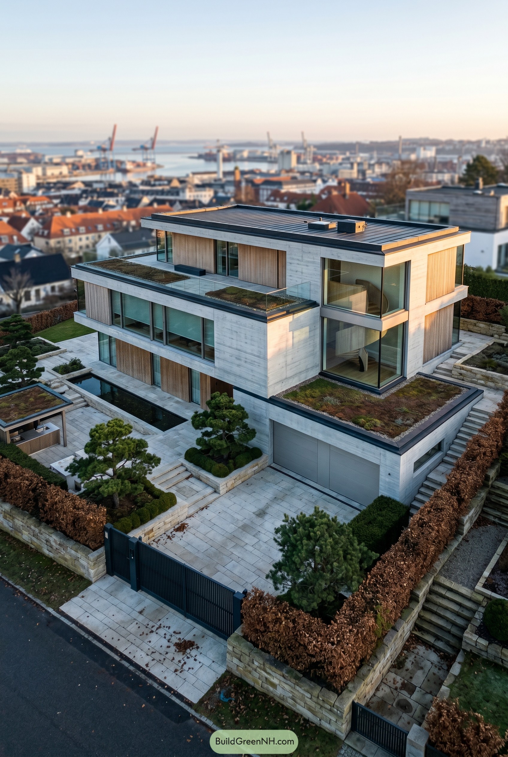 Modern concrete and wood mansion above the harbor