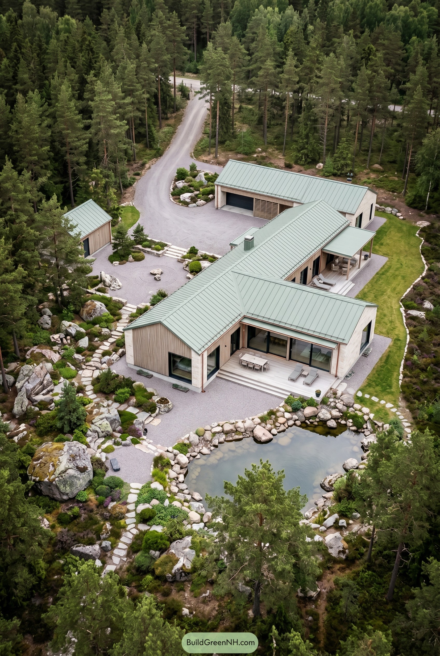 Aerial view of a modern Nordic estate in forest