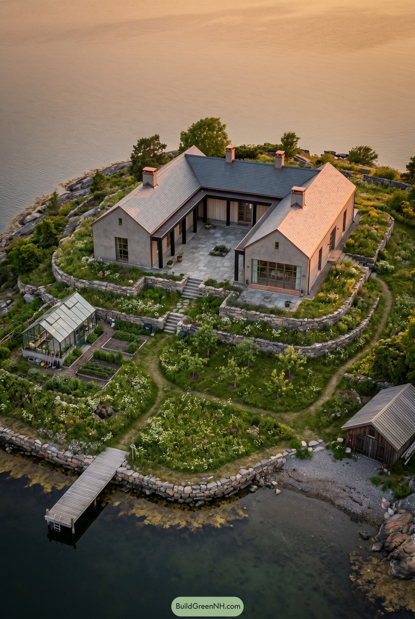 Aerial view of a seaside courtyard villa with stone terraces greenhouse and dock
