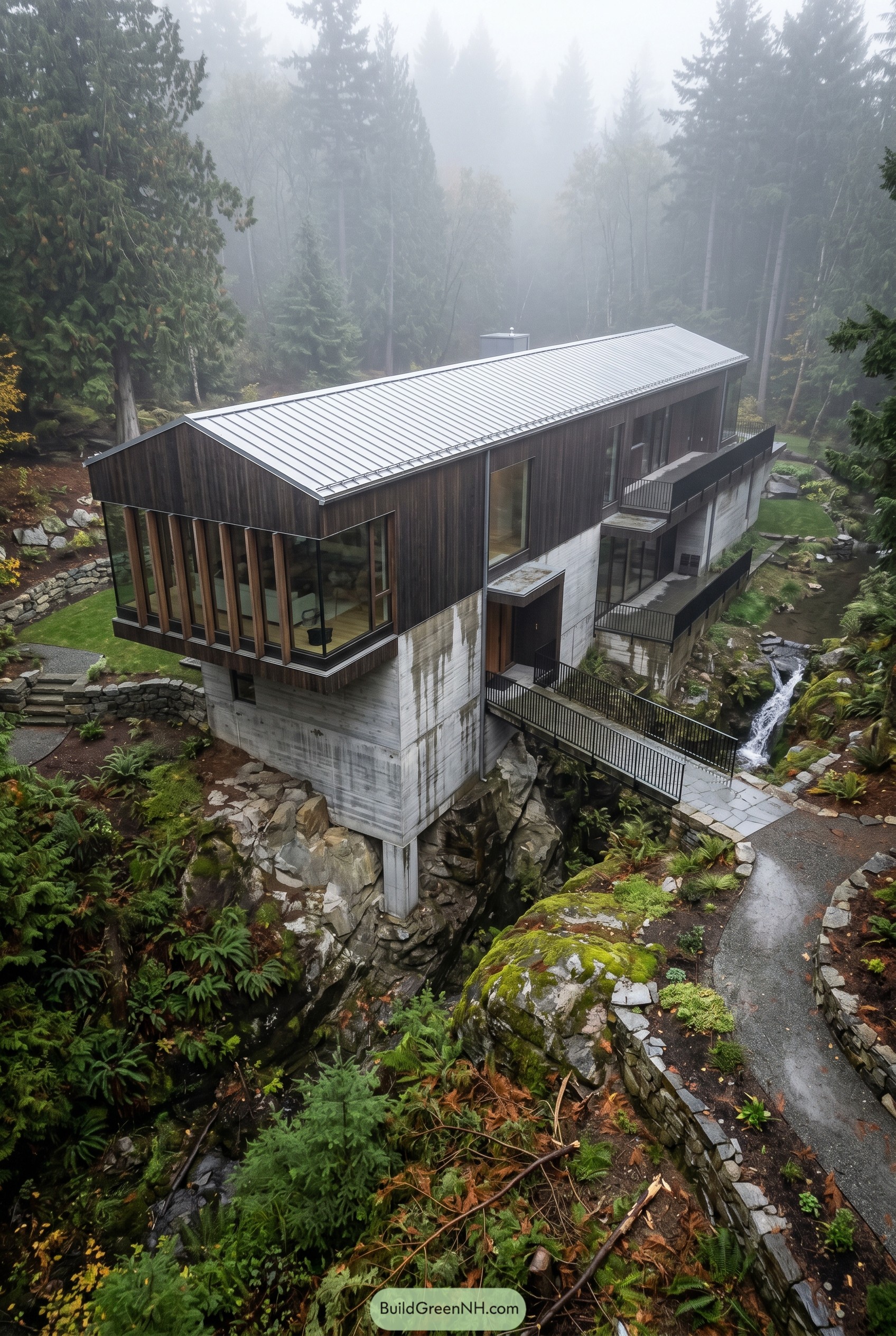 Modern timber and concrete home spanning a forest ravine