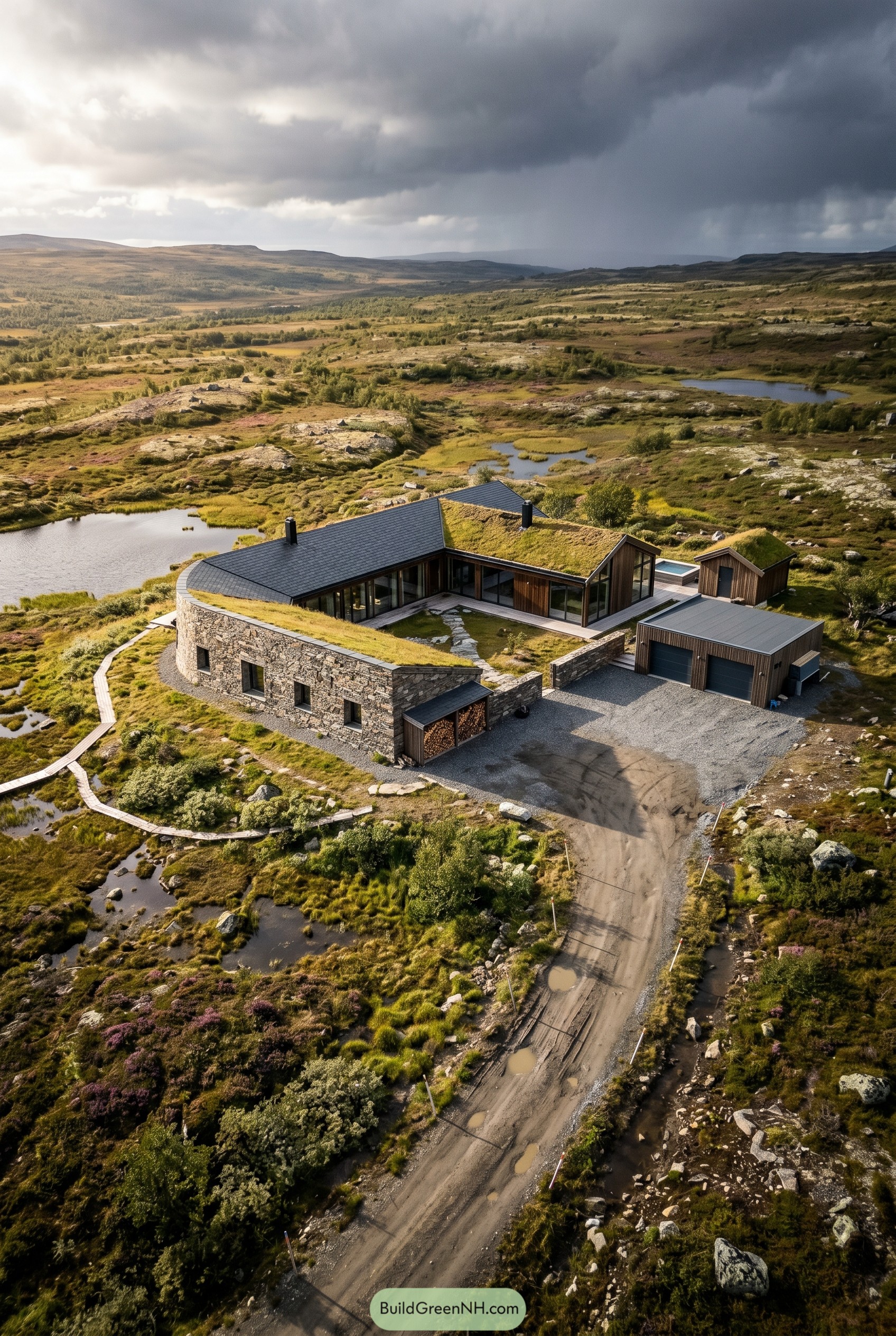 Aerial view of a stone and timber mansion with turf roofs in open moorland